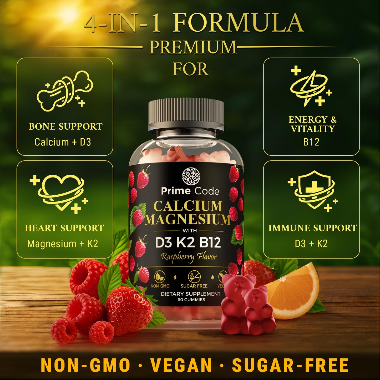 Prime Code Calcium Gummies with Magnesium, Vitamin B12, Vitamin K2 & Vitamin D3, 60 Count