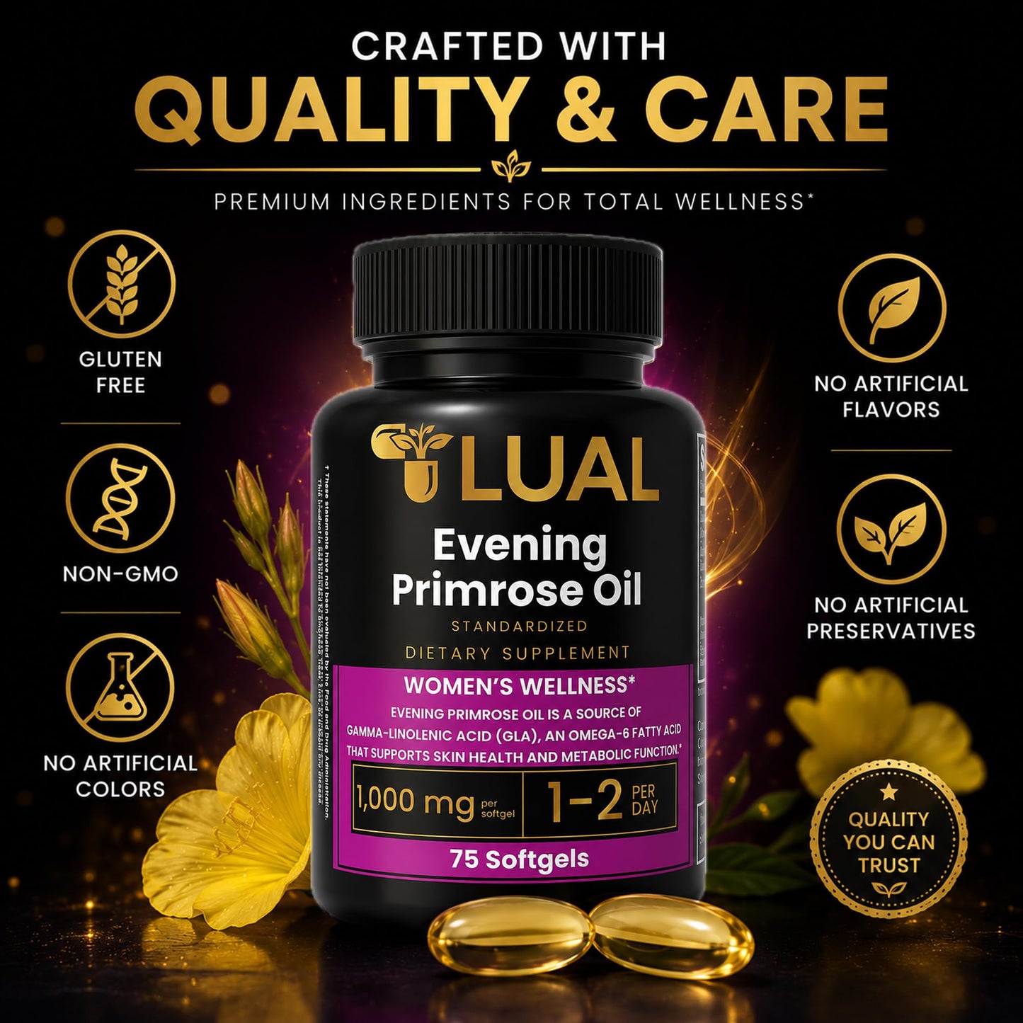 LUAL Evening Primrose Oil 1000mg with GLA Softgels, 75 Softgels