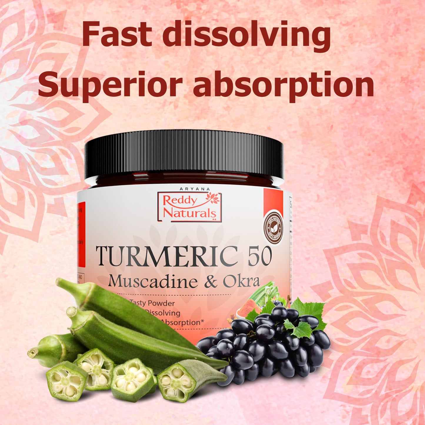 Reddy Naturals Aryana Turmeric 50 Organic Turmeric Supplement Powder with Muscadine Grape & Okra – Fast-Dissolving, Plant-Based Formula for Daily Wellness, 4.2 Ounce