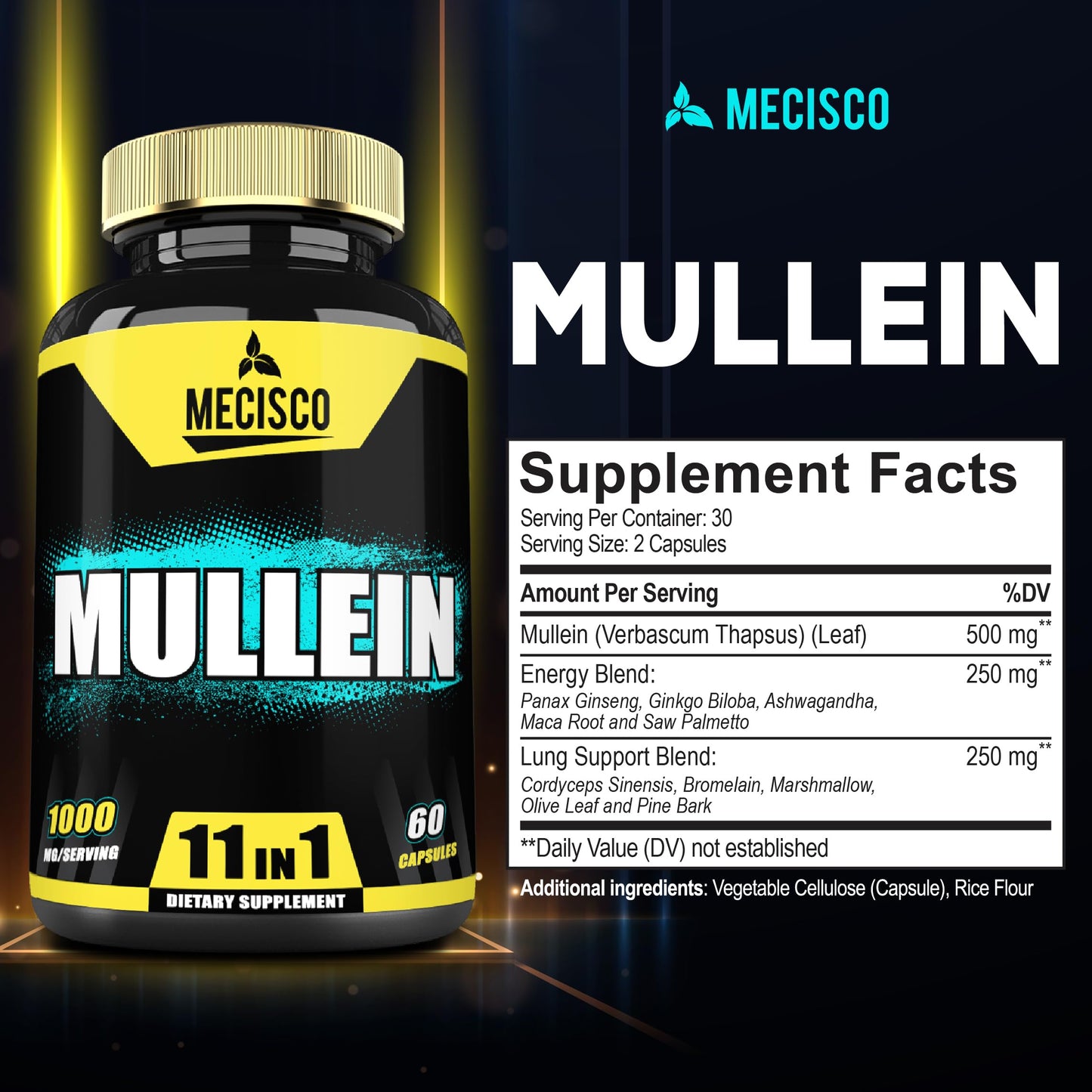 Mecisco 11in1 Mullein Leaf Capsules with Panax Ginseng Root, Cordyceps Sinensis & More, 60 Capsules