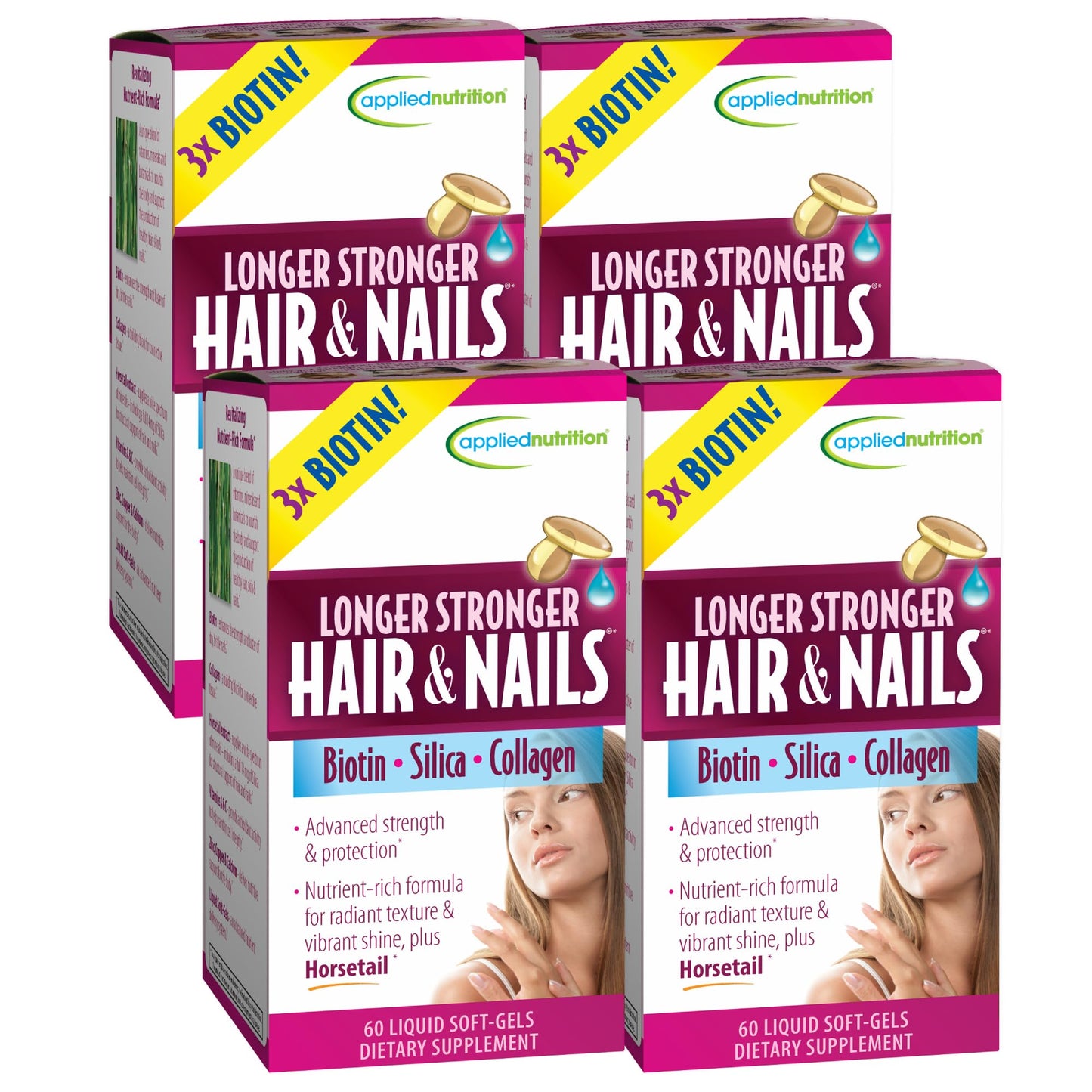 Applied Nutrition Longer Stronger Hair & Nails Biotin, Silica & Collagen Softgels, 4-Pack