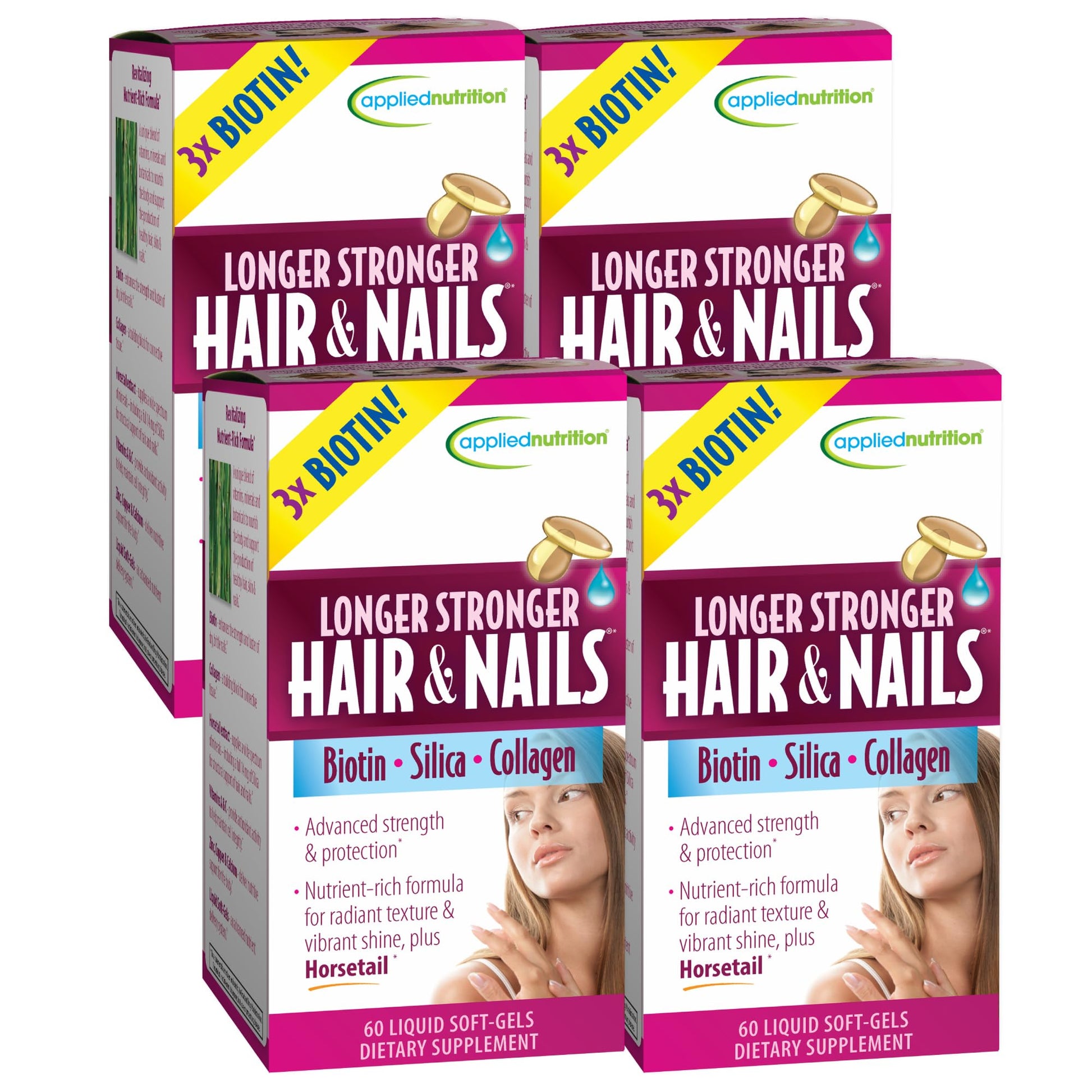 Applied Nutrition Longer Stronger Hair & Nails Biotin, Silica & Collagen Softgels, 4-Pack
