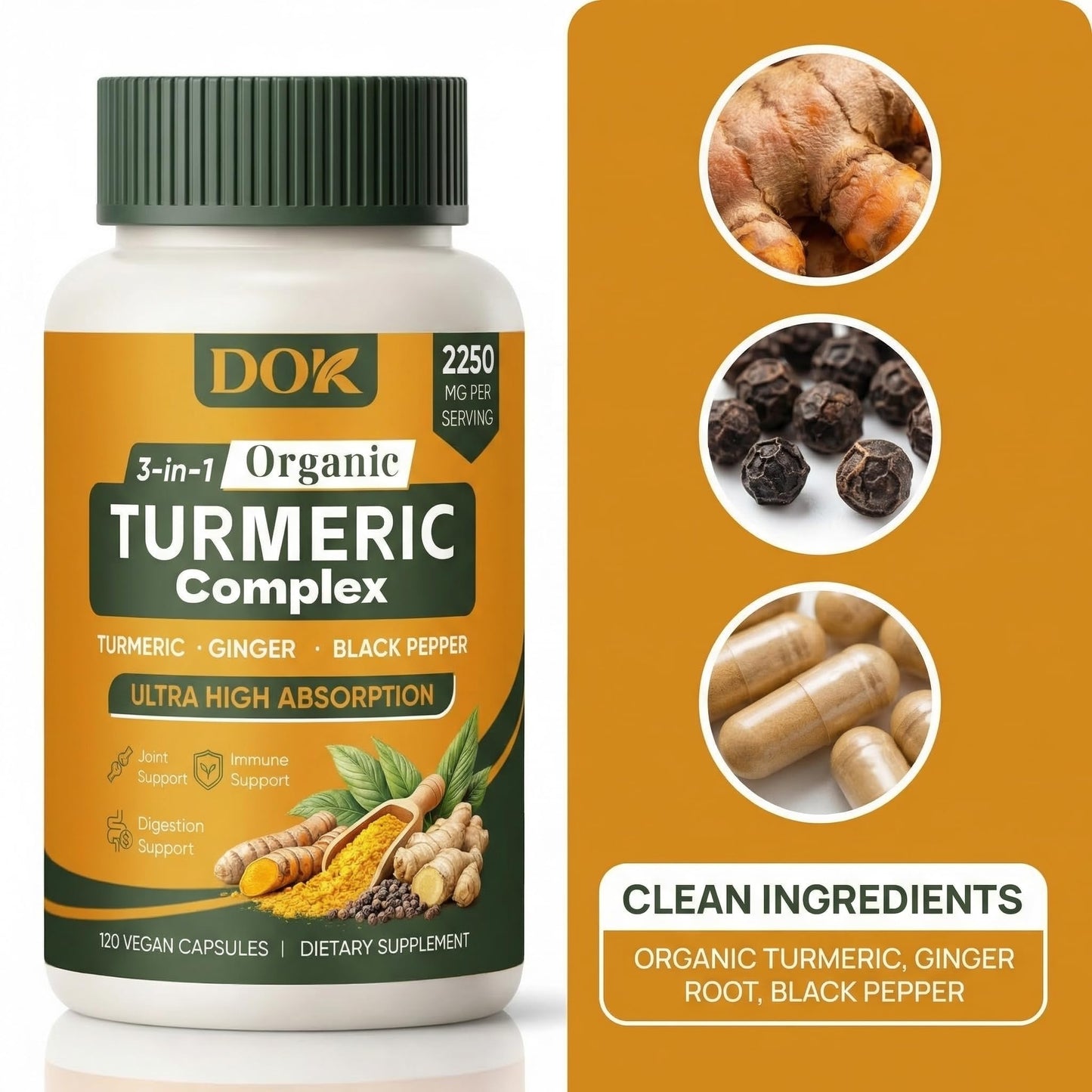 DOK Turmeric Organic 3-in-1 Complex Turmeric Curcumin Supplement with Black Pepper & Ginger 2250mg Daily Support, Vegan, Non-GMO, 120 Capsules