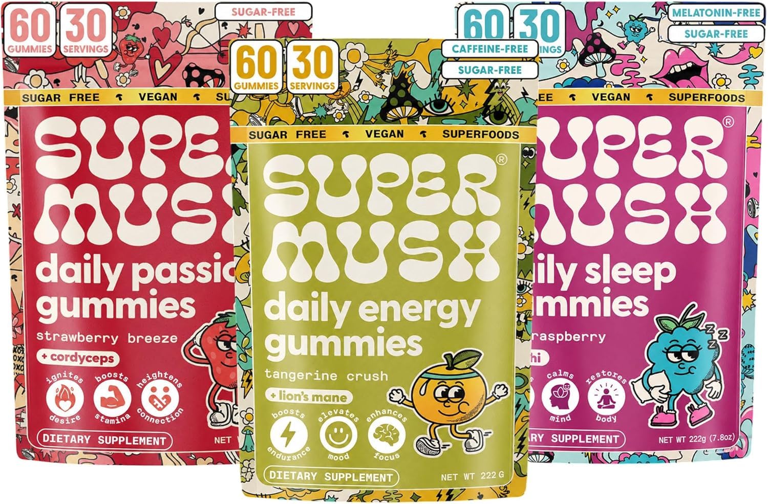 SuperMush Daily Gummies Trio Bundle - Passion, Energy & Sleep - 180 Gummies