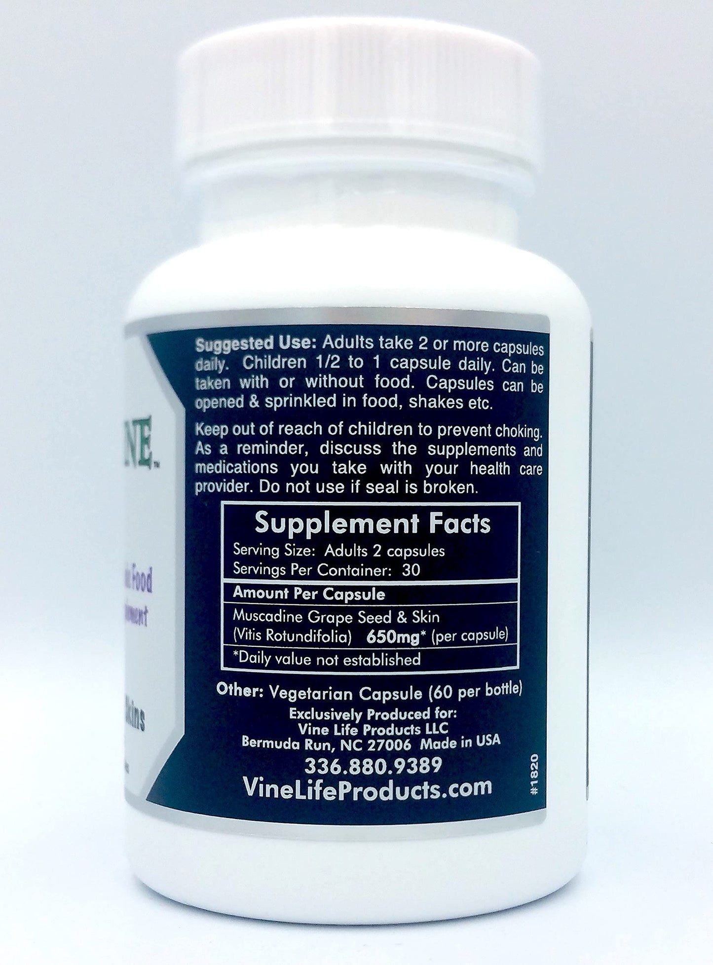 Vine Life Muscadine Grape Seed & Skin 650mg Vegan Capsules 60 Count