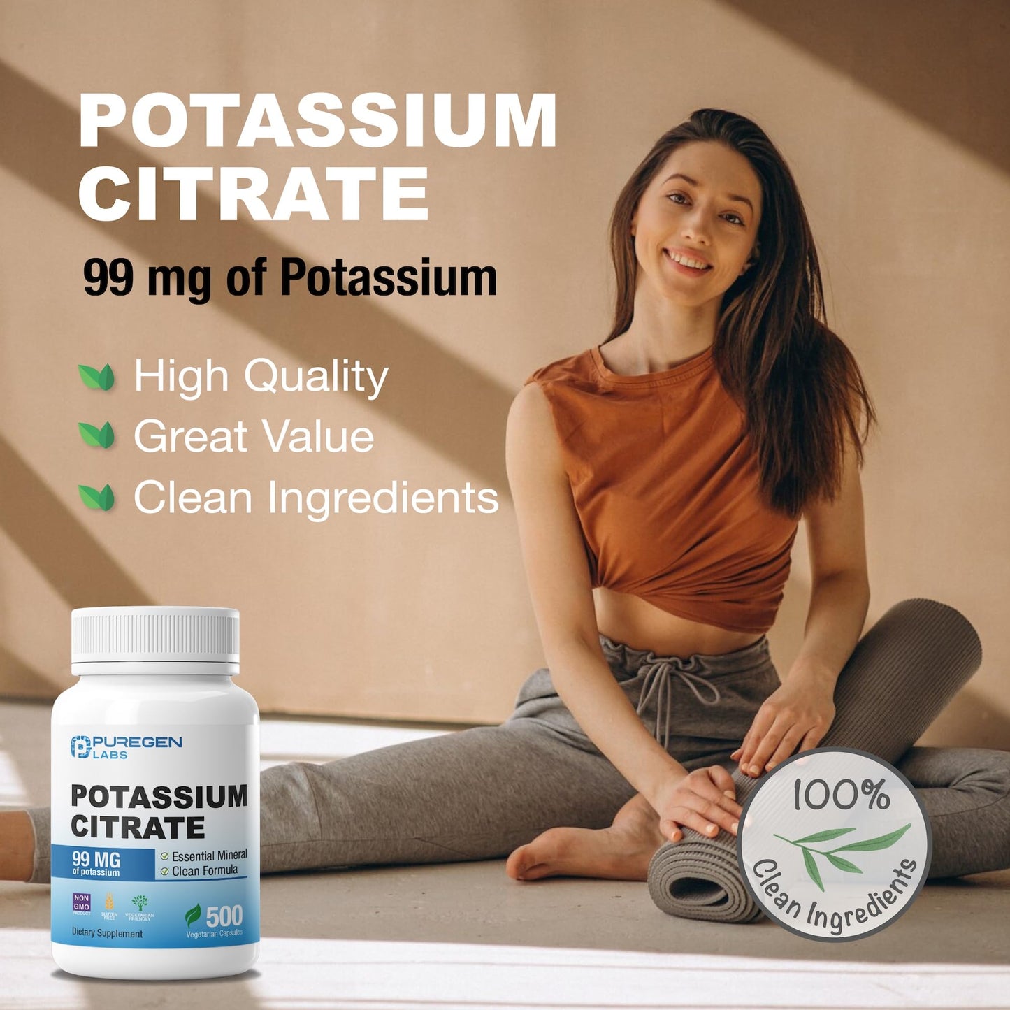 P Puregen Labs Potassium Citrate 99 mg Elemental Potassium Supplement Capsules, 500 Count