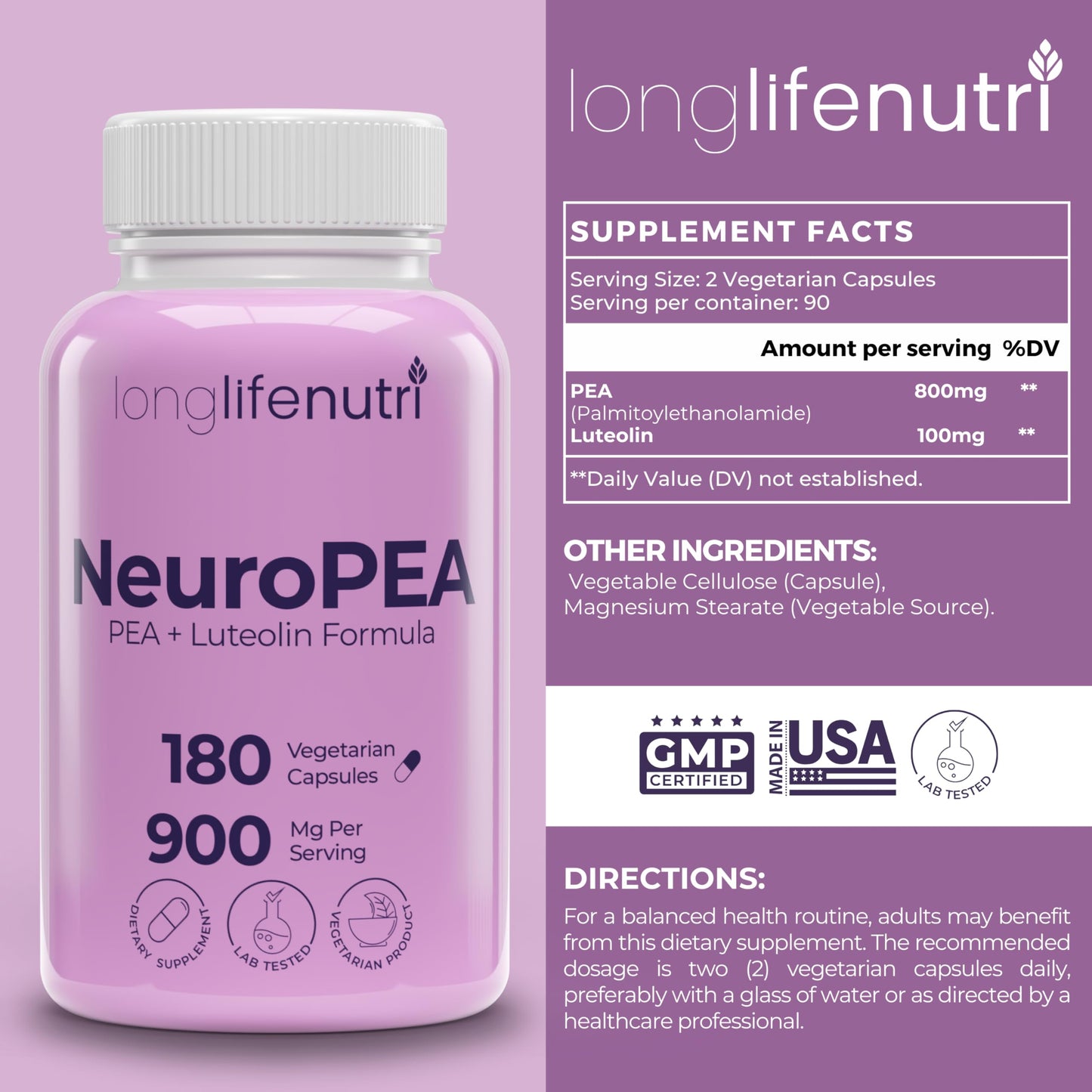 LongLifeNutri NeuroPEA (Palmitoylethanolamide + Luteolin 800mg/100mg) – Organic Supplement for Nerve Performance, 180 Vegetarian Capsules