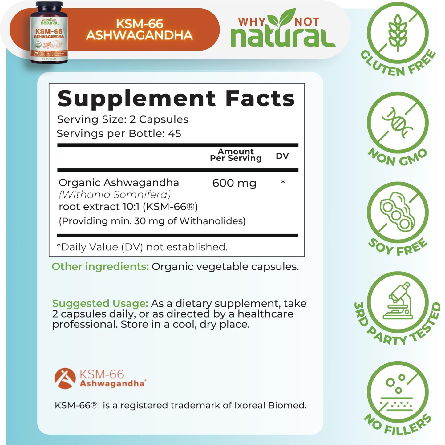 Why Not Natural Organic Ashwagandha KSM-66 Capsules, 90 Count
