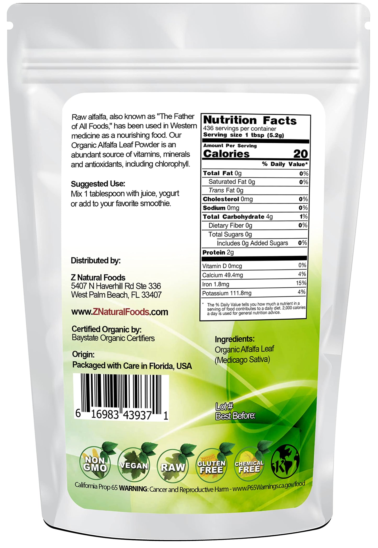 Z Natural Foods Organic Alfalfa Leaf Powder, 80 Ounce