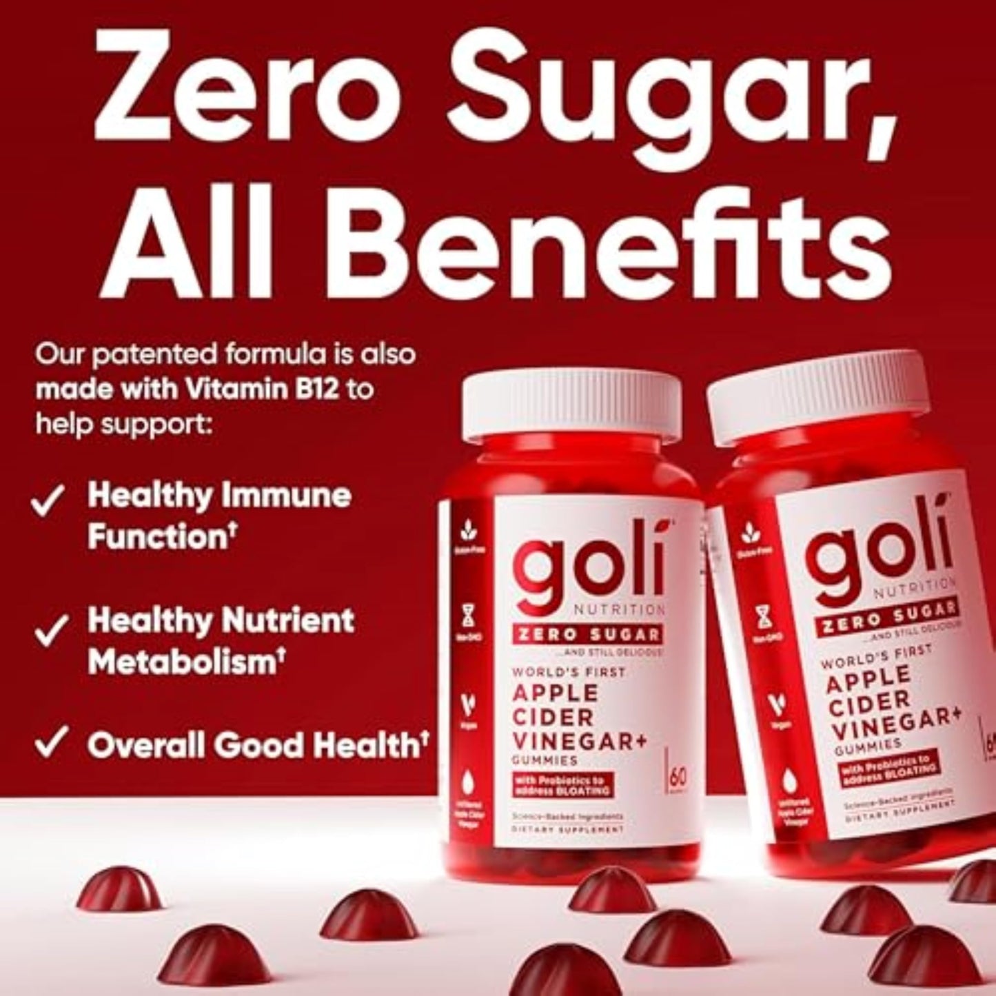 Goli Zero Sugar Apple Cider Vinegar Gummies with Vitamin B12 and Probiotics, 60 Gummies