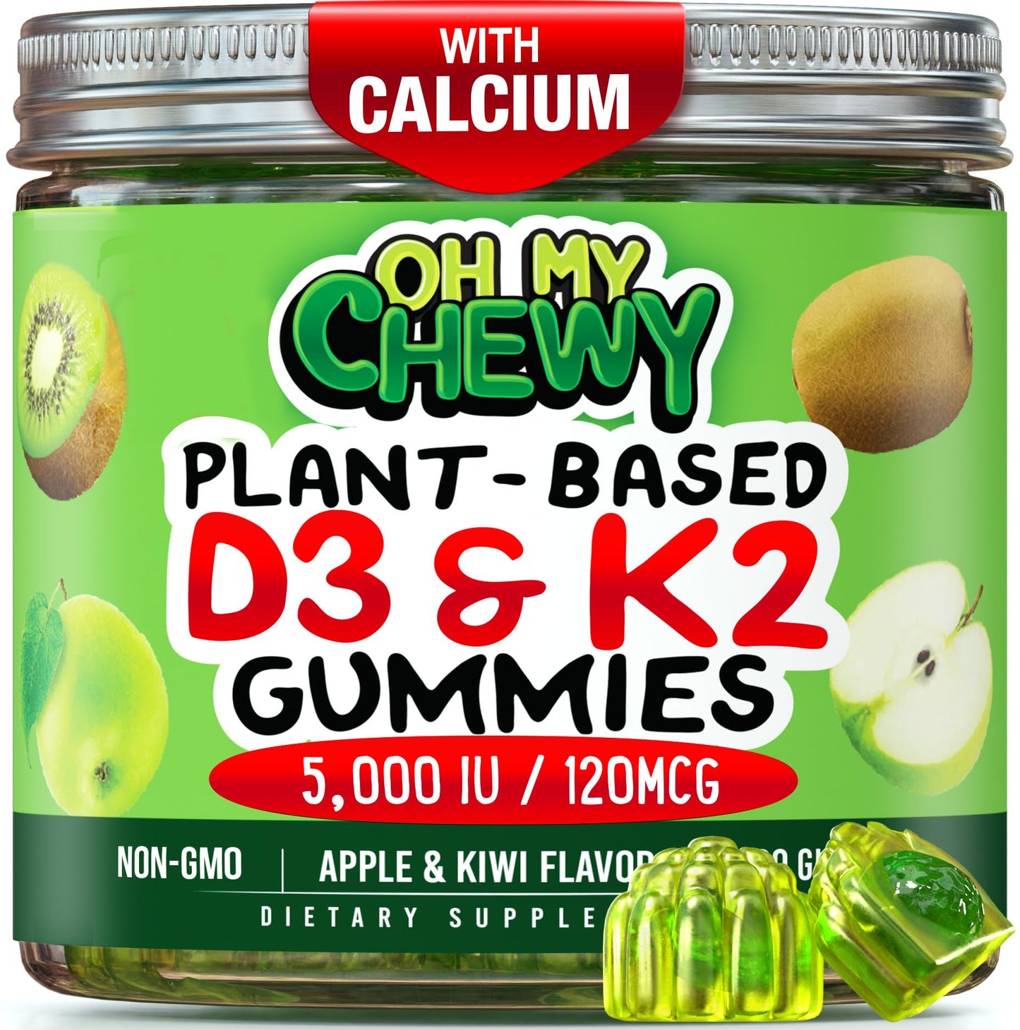 OH MY CHEWY Center-Filled Vitamin D3 K2 & Calcium Gummies, 5000 IU D3, 120 mcg K2 (MK-7), 120 mg Ca - Vegan & Non-GMO, 120 Count