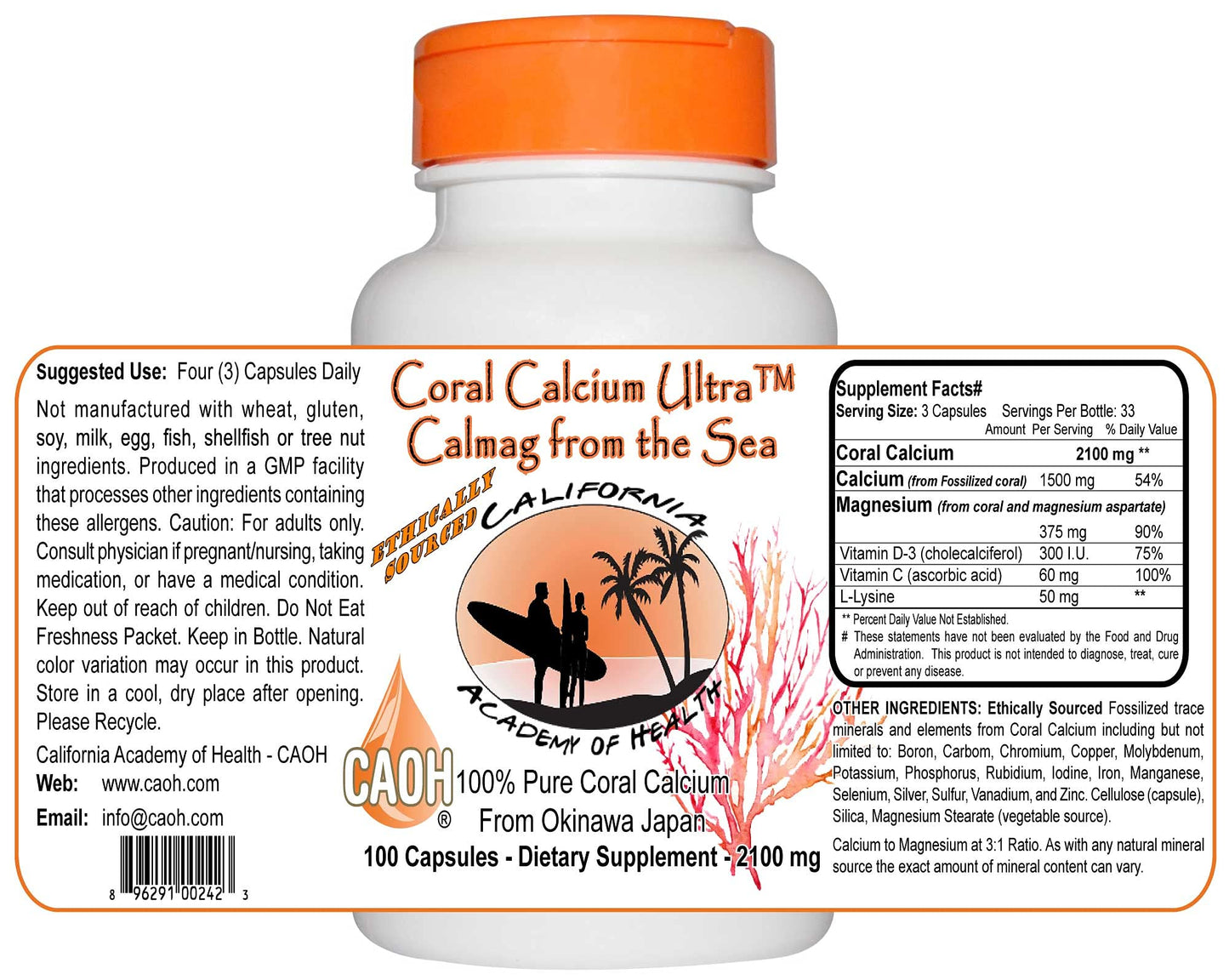 CALIFORNIA ACADEMY OF HEALTH Coral Calcium Capsules, 100 Capsules