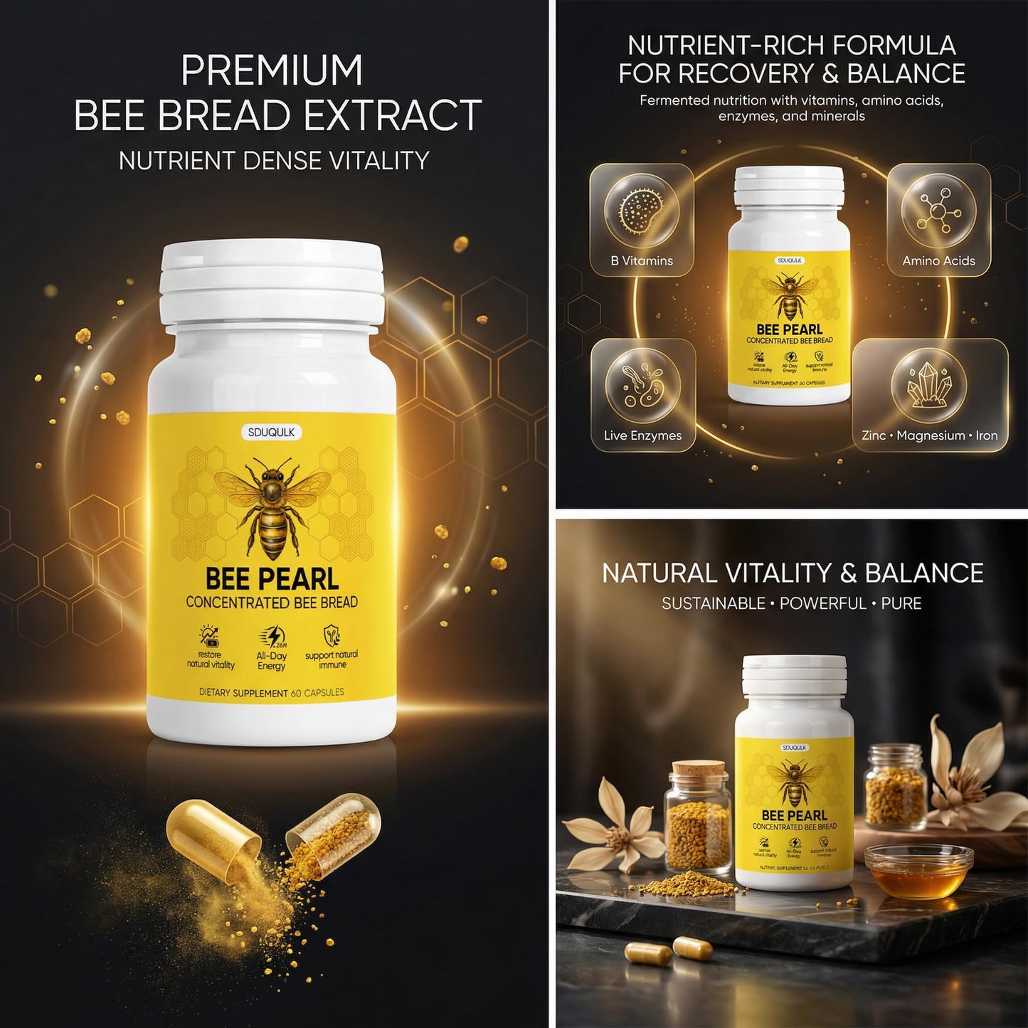 Kranla Bee Pearl Capsules Concentrated Bee Bread for Natural Immunity & Vitality Support Capsule, 60 Count