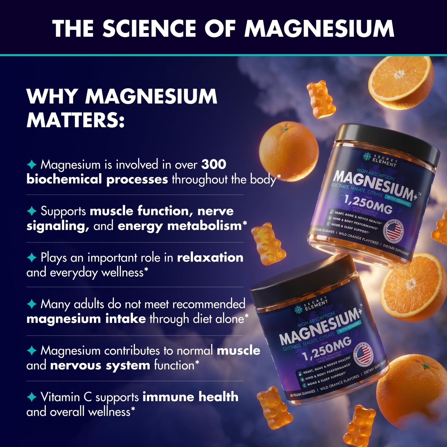 Secret Element Magnesium Glycinate 1250MG Gummies, 60 Count