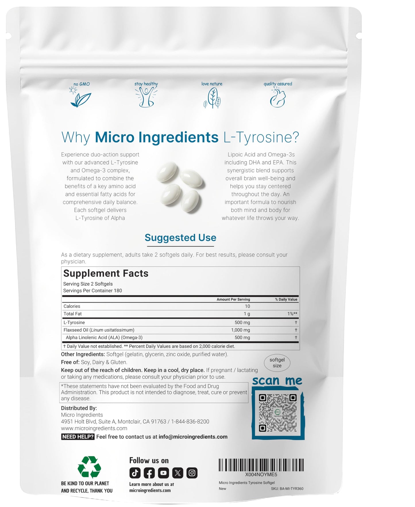 Micro Ingredients L Tyrosine Supplement 500mg with Omega-3 Softgels, 360 Count