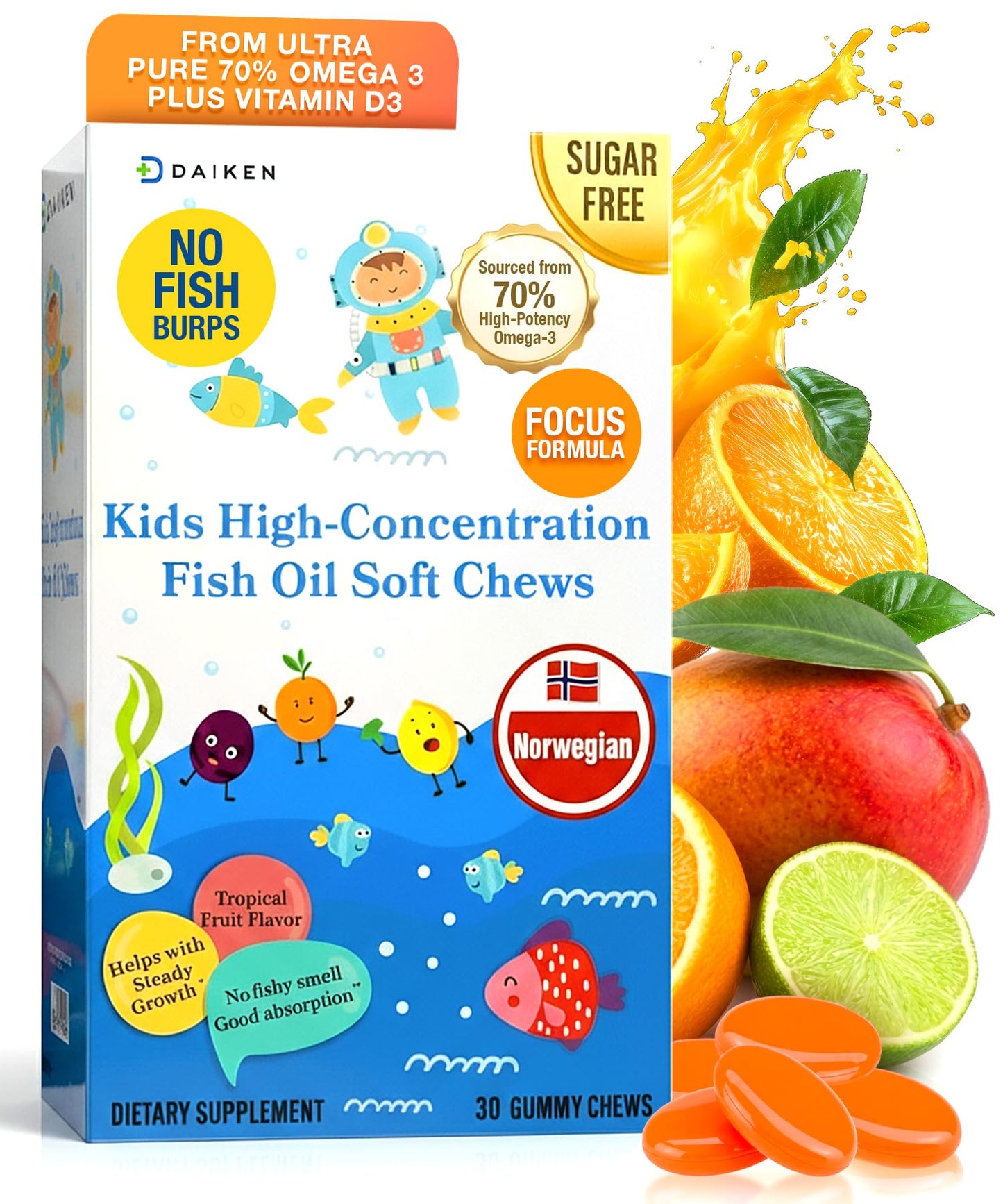 DAIKEN High Concentration Kids Fish Oil Omega-3 Gummies, 30 Count