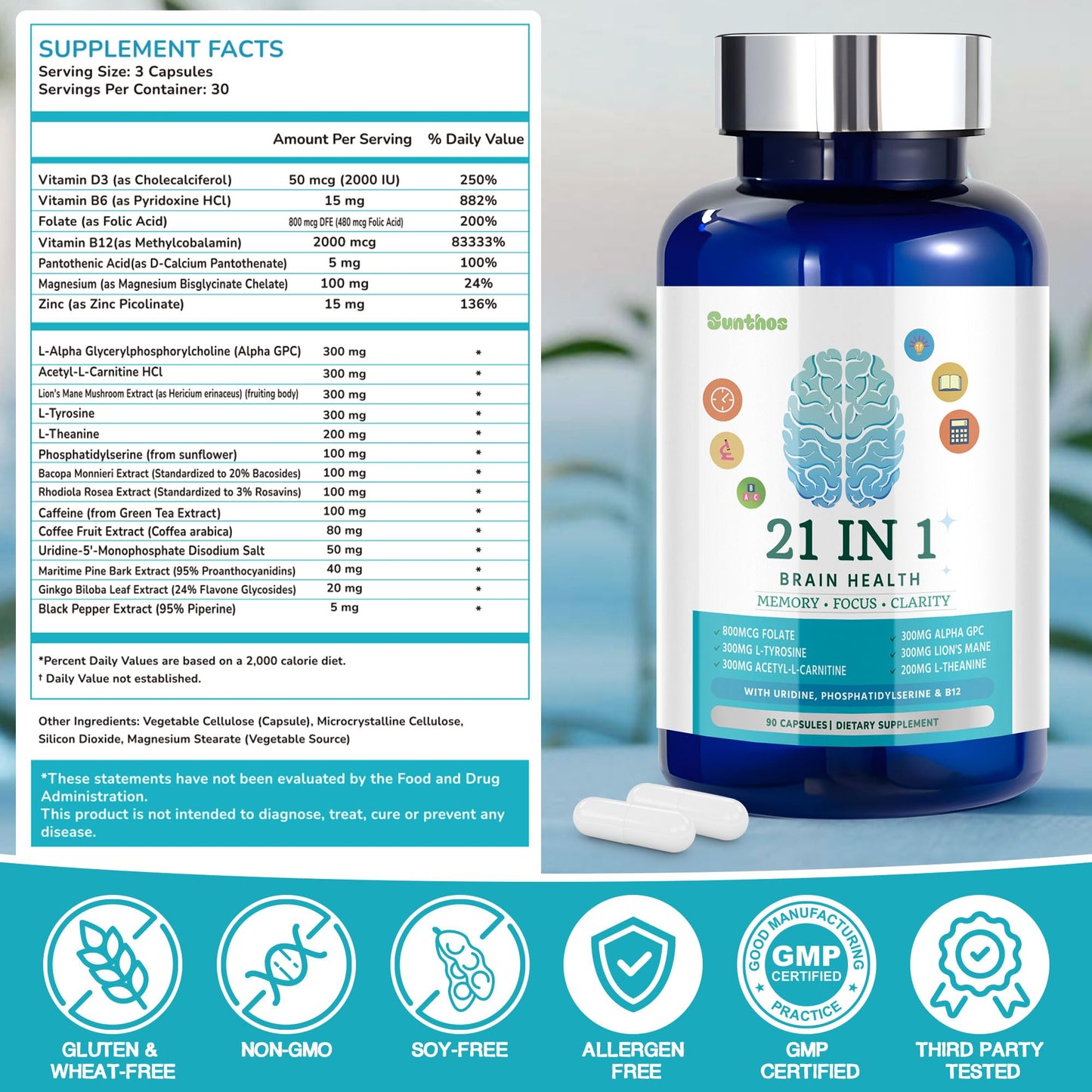 Sunthos Brain Supplements for Memory and Focus, 21-in-1 Brain Supplement for Mental Alertness, Cognitive with 300mg Alpha-GPC, 300mg Lion’s Mane, L-Theanine, Phosphatidylserine, Vitamins B6 B12, 90 Capsules