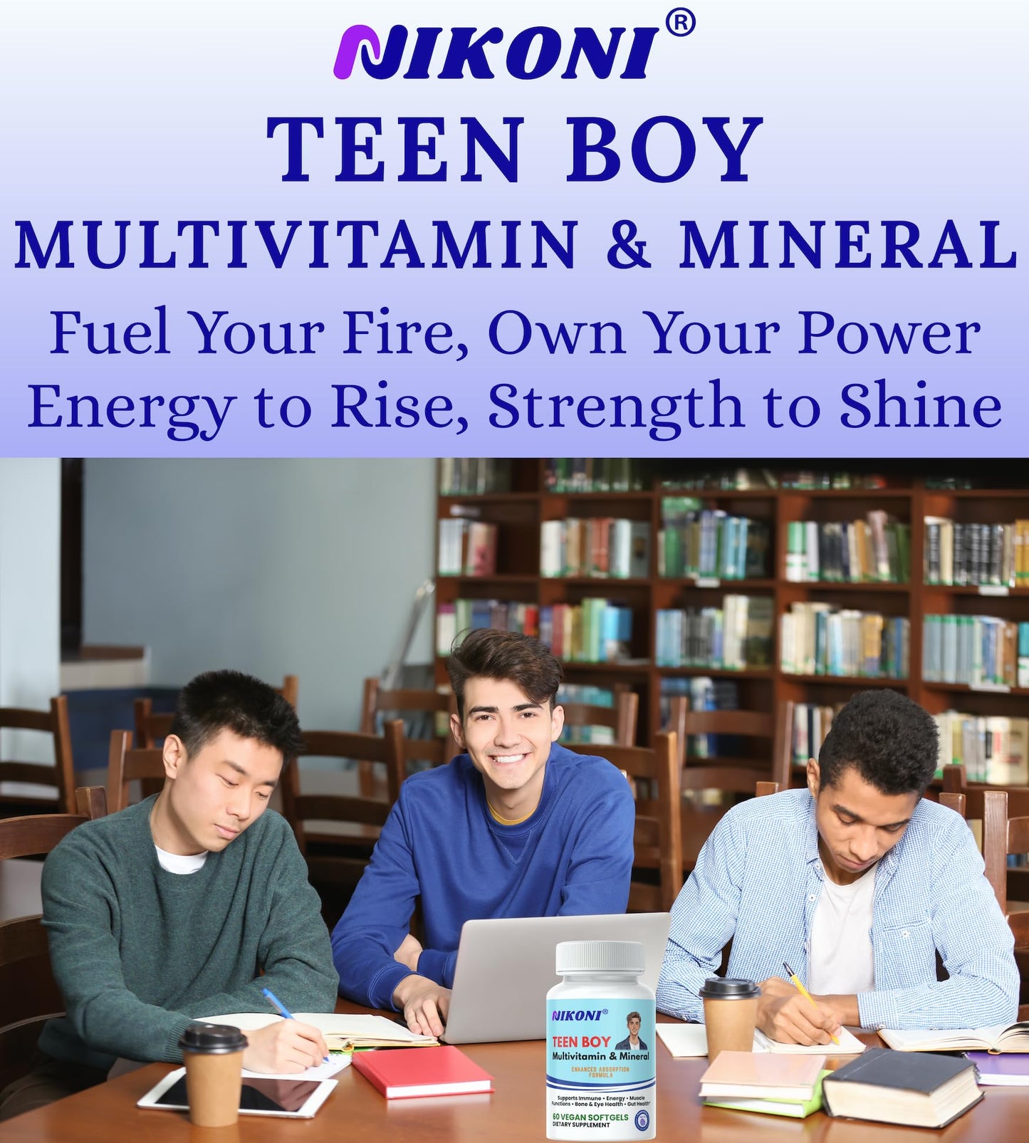 Nikoni Teen Boy Multivitamin & Mineral Vegan Softgels – Enhanced Absorption Formula – 60 Ct