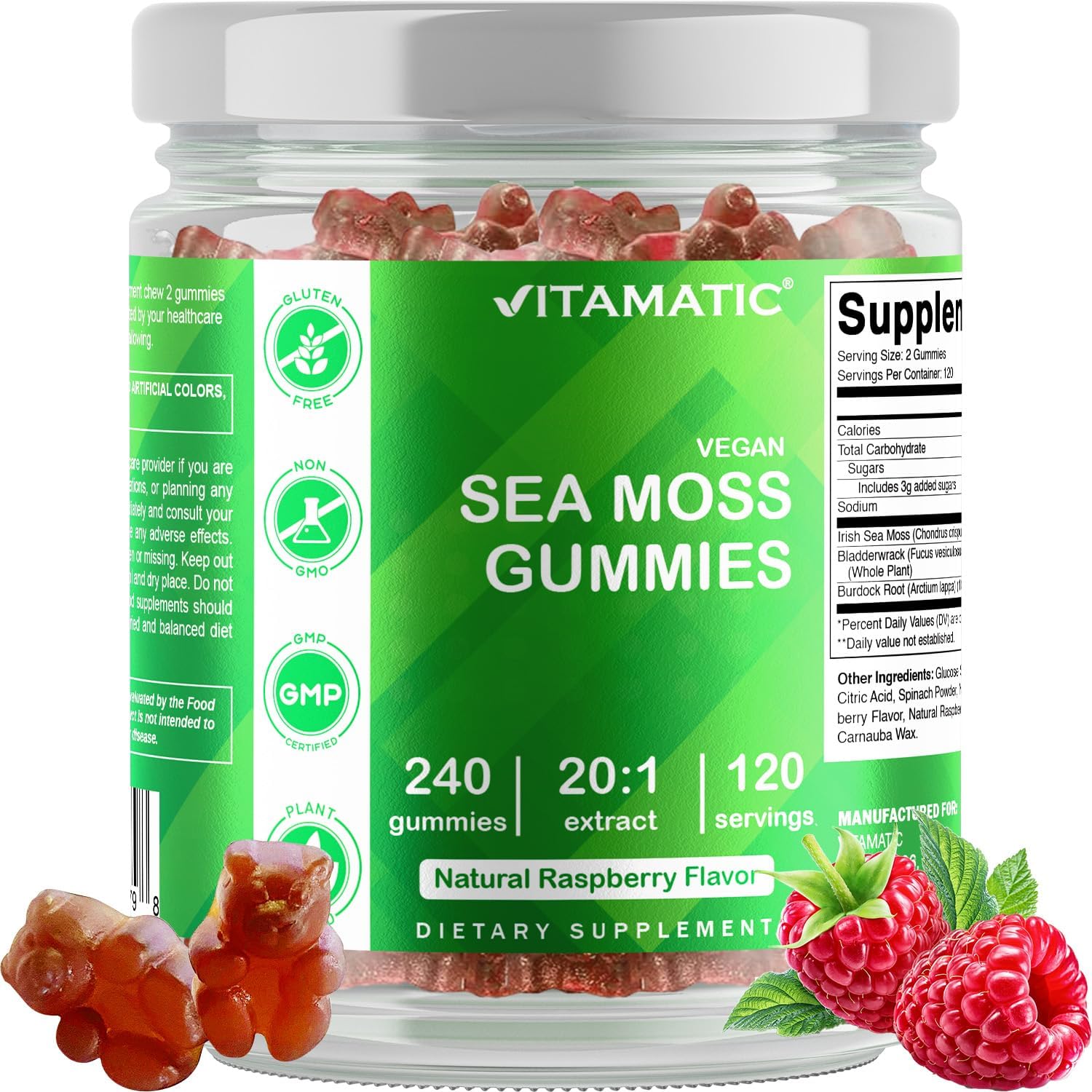 Vitamatic Irish Sea Moss & Bladderwrack Gummies with Burdock Root – Plant-Based Extract – Vegan, Non-GMO, Gluten-Free – Botanical Supplement, 240 Gummies