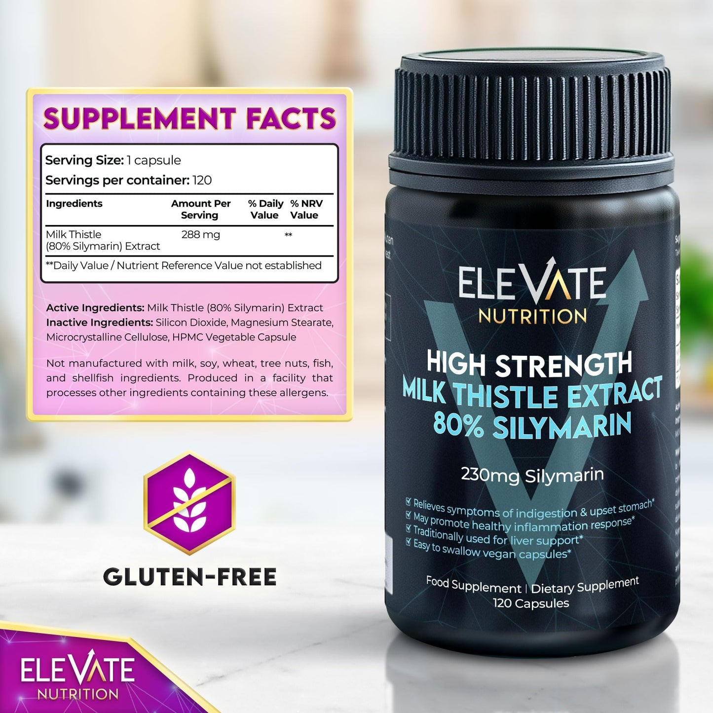 ELEVATE NUTRITION Milk Thistle 288 mg (80% Silymarin), Capsule, 120 Vegan Capsules