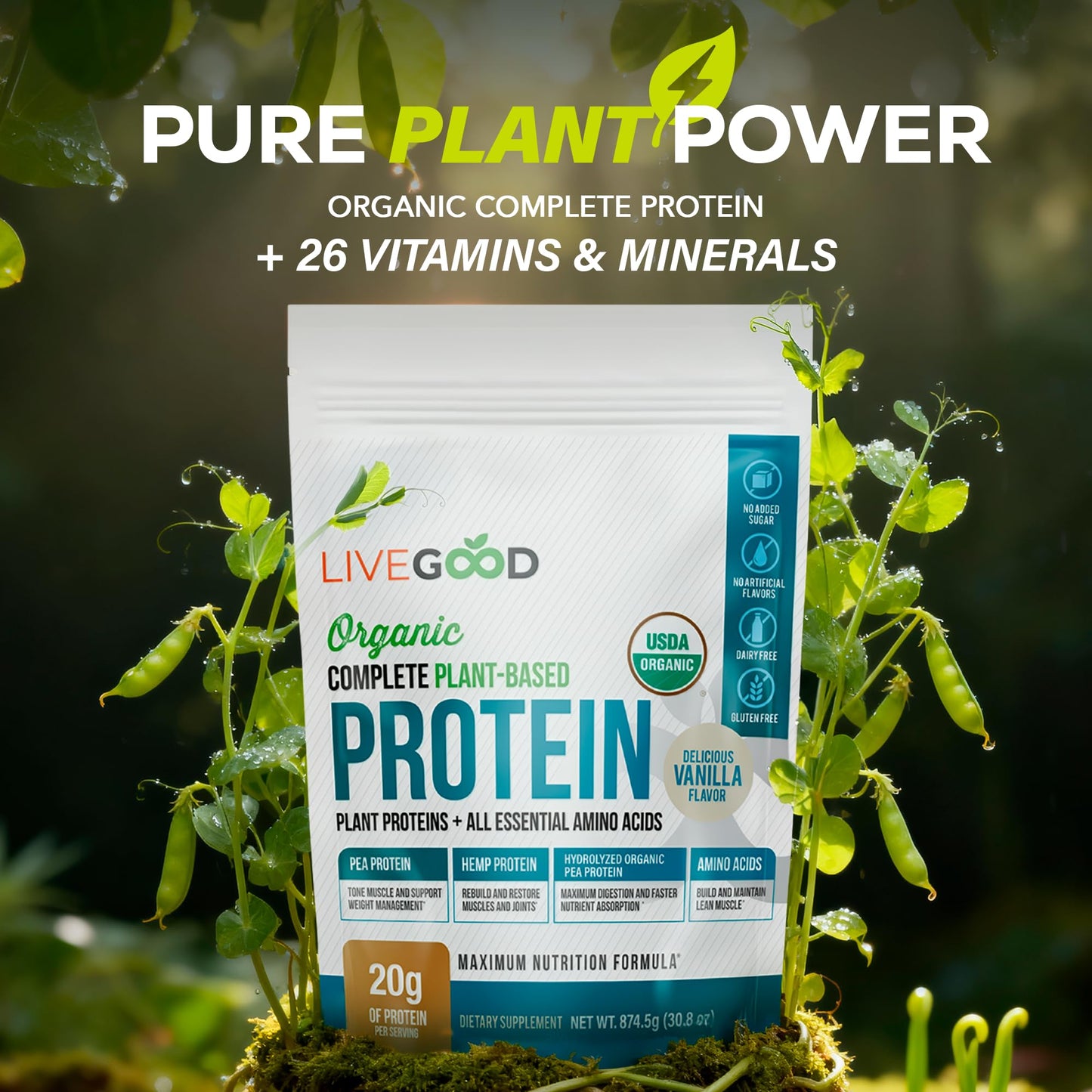 LIVEGOOD Complete Plant Based Protein Powder with Organic Pea Protein and Essential Amino Acids, Vanilla, 30 Servings