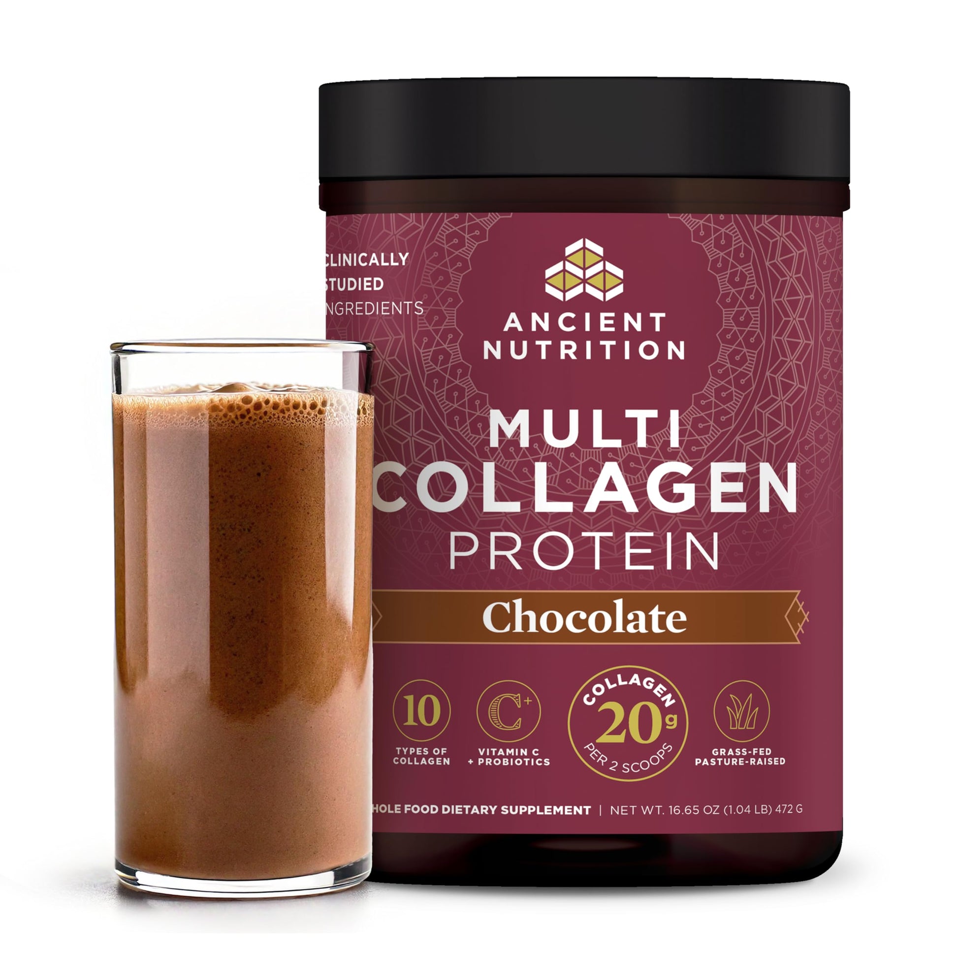 Ancient Nutrition Hydrolyzed Collagen Peptides Powder with Probiotics, Chocolate Multi Collagen Protein with Vitamin C, 40 Servings, 16.65oz