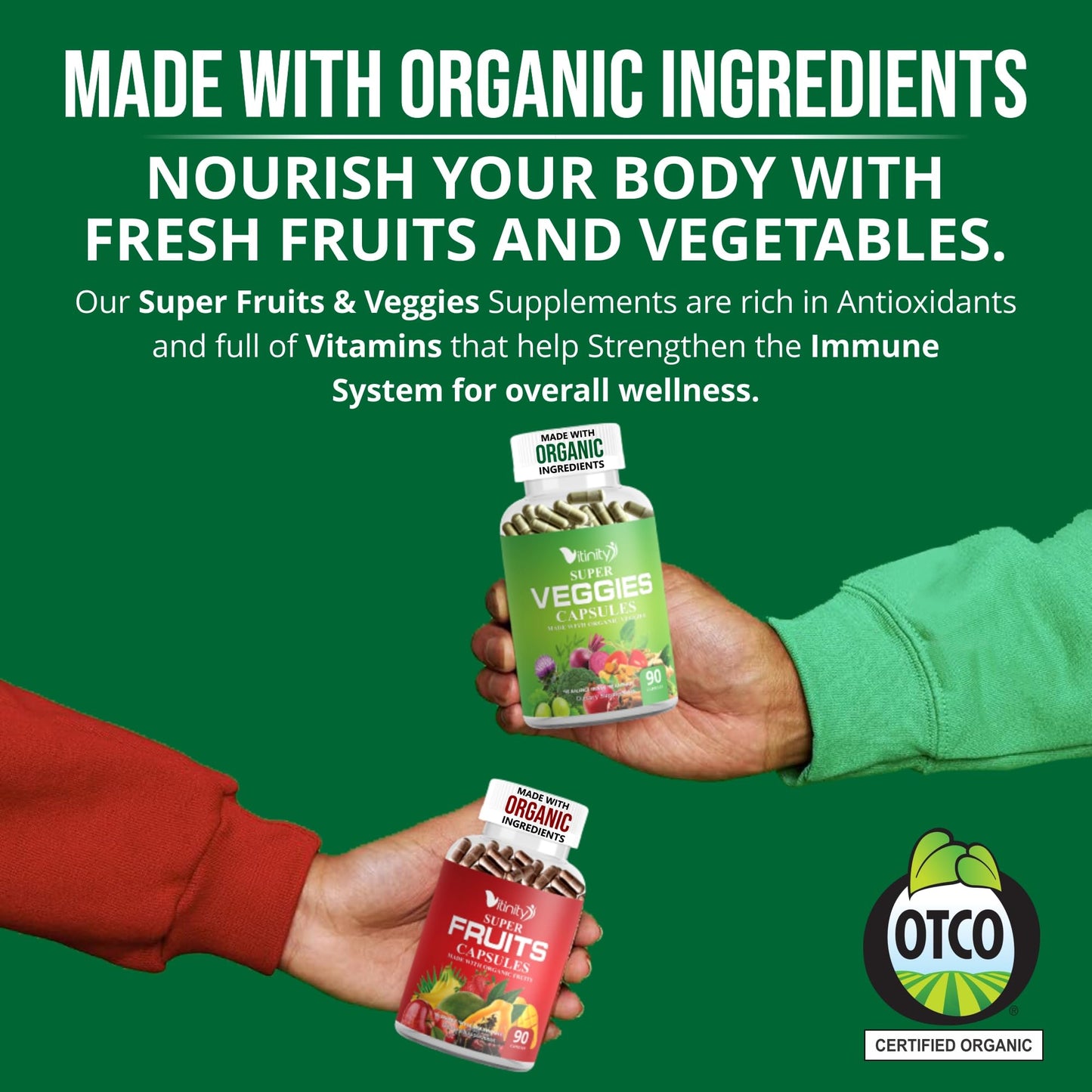 VITINITY Organic Fruits & Veggies Capsules - Superfood Vegetable Vitamin Supplement, Fruits & Greens Blend, 2 Capsules