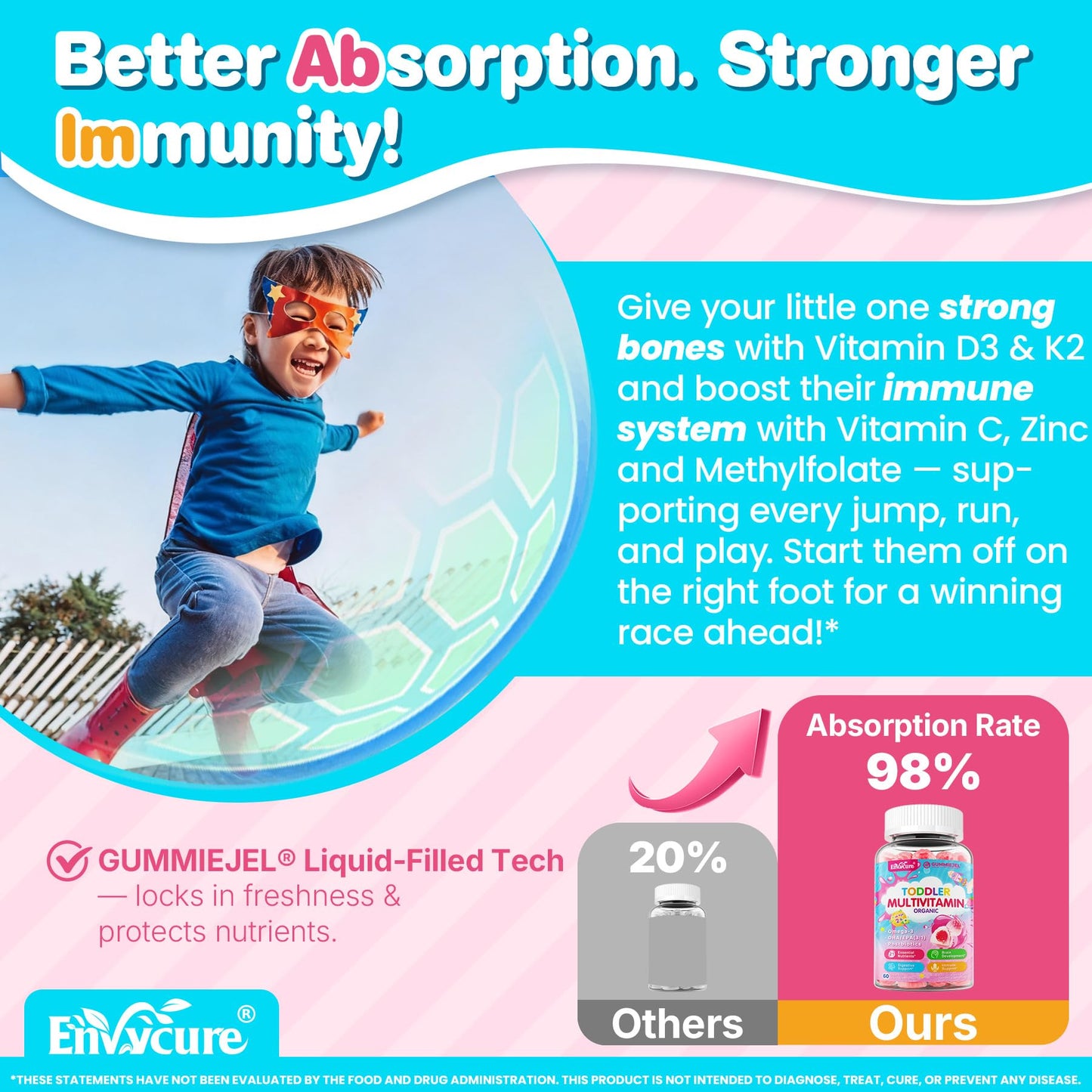 EnvyCure Zeolite Detox for Kids & Adults Organic Toddler Multivitamin Gummies + Omega-3 (DHA/EPA), Postbiotics, 180 Gummies