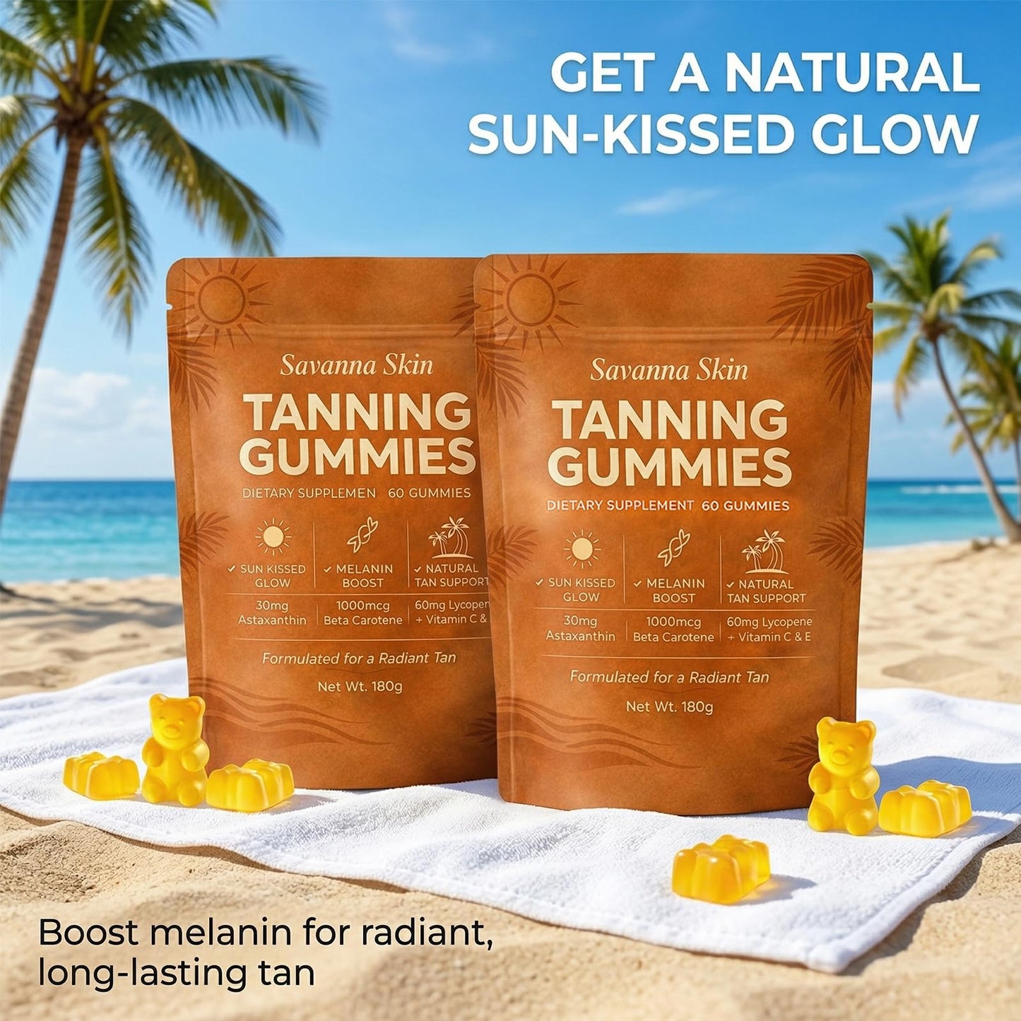 Savanna Skin Tanning Gummies, All-Natural Antioxidant Blend with Vitamin C & E, Astaxanthin, Beta Carotene, 1 Count