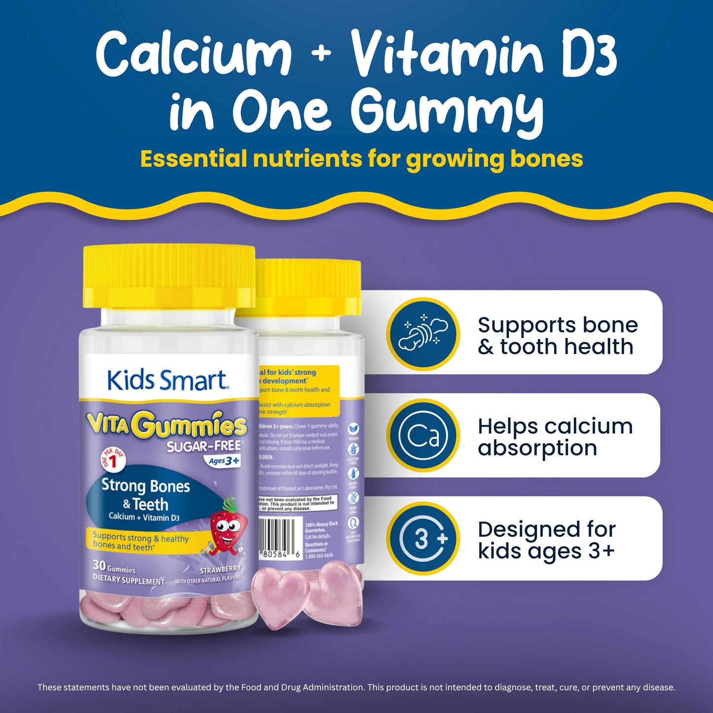 KIDS SMART Strong Bones Calcium + D3 Gummy, Bone & Teeth Support, Kids 3+, 30 Count