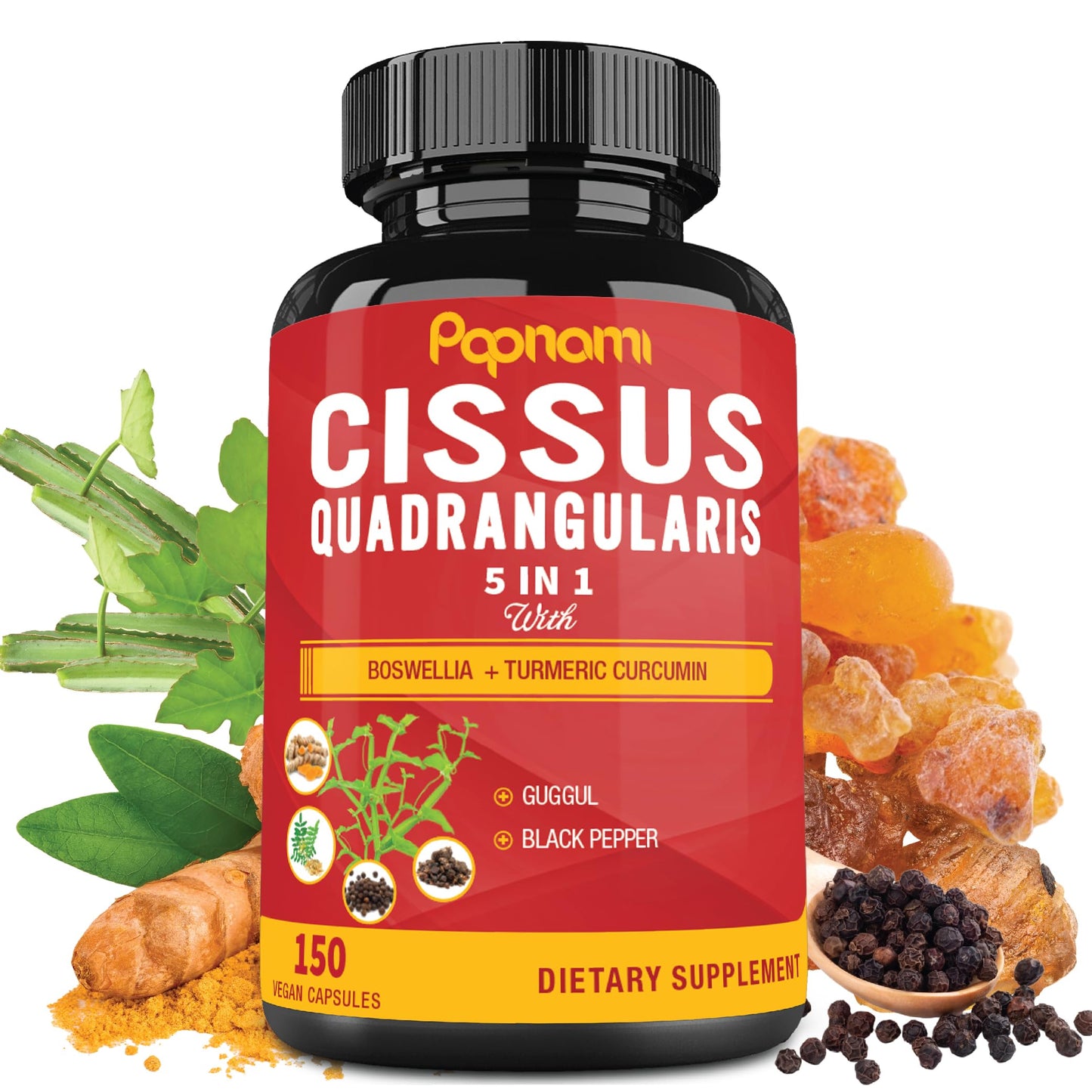Papnami Cissus Quadrangularis Capsules with Boswellia, Guggul, Turmeric, Black Pepper Extract, 150 Capsules
