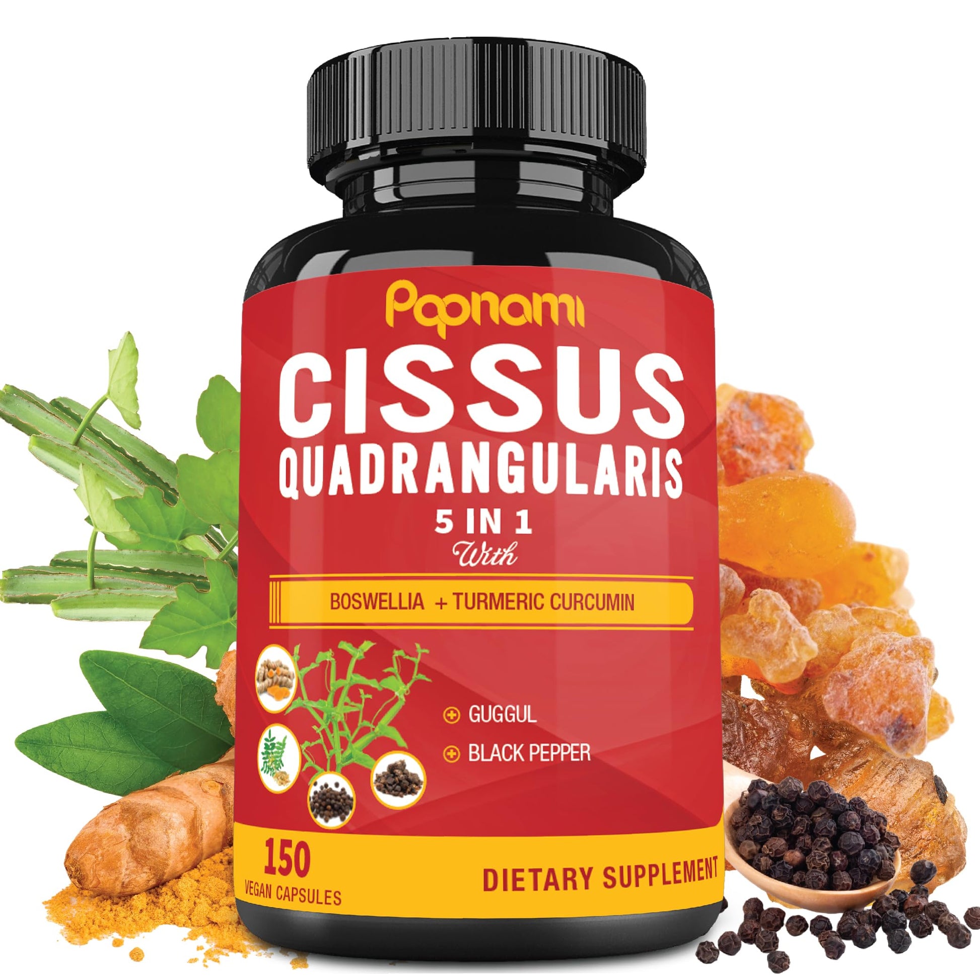 Papnami Cissus Quadrangularis Capsules with Boswellia, Guggul, Turmeric, Black Pepper Extract, 150 Capsules