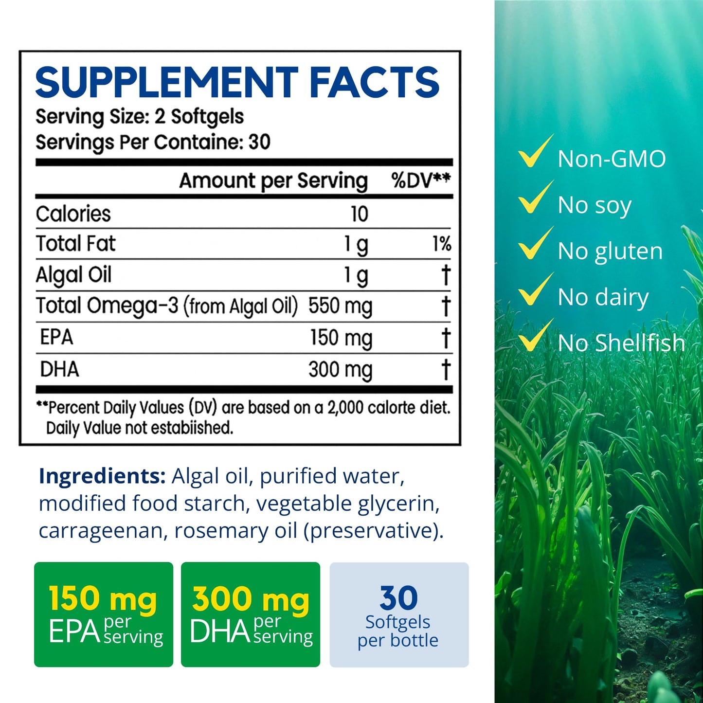 Biorixil Vegan Omega-3 Algae Oil Softgels, 60 Count