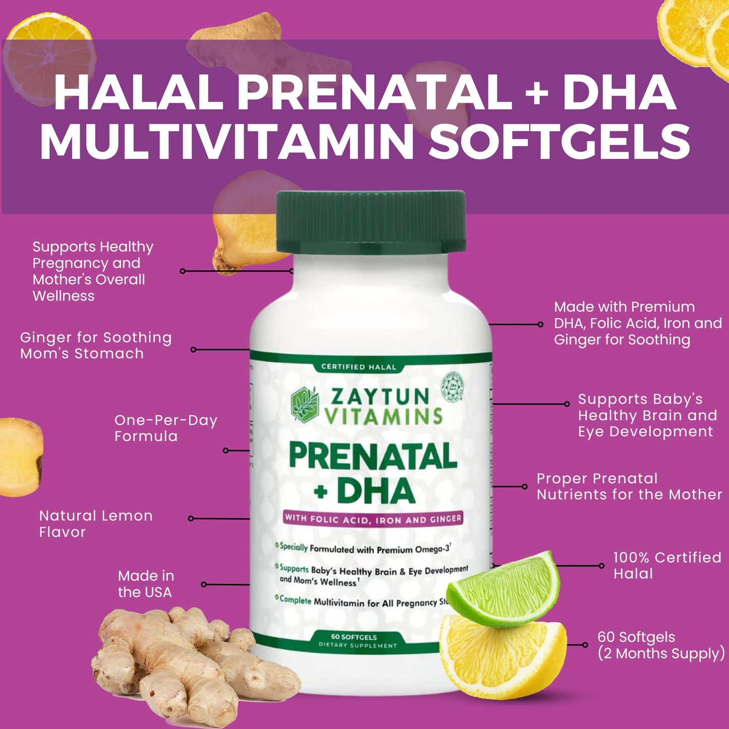 Zaytun Vitamins Halal Prenatal Vitamins + DHA, Folic Acid, Iron, Ginger Softgels, 60 Count