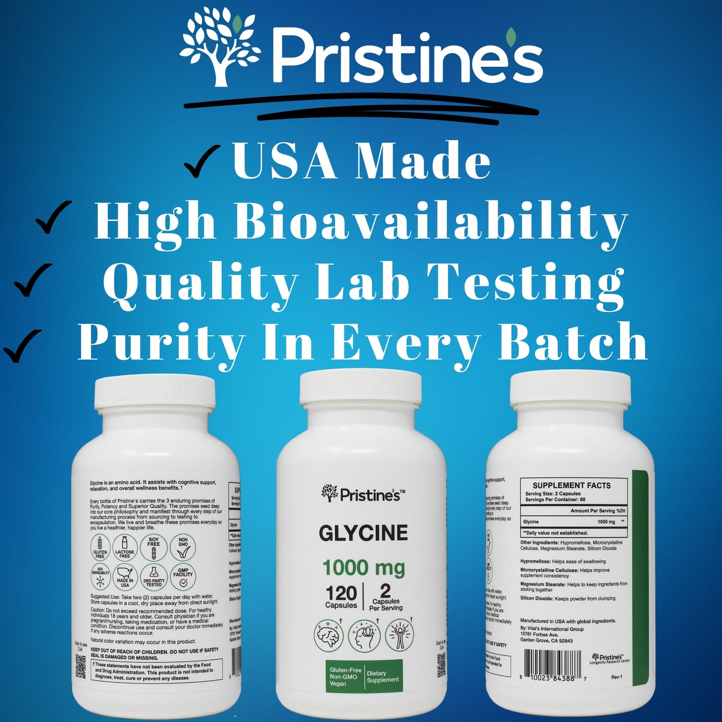 PRISTINE'S Glycine 1000mg Amino Acid Capsules, Sleep Support, Vegan, 120 Count