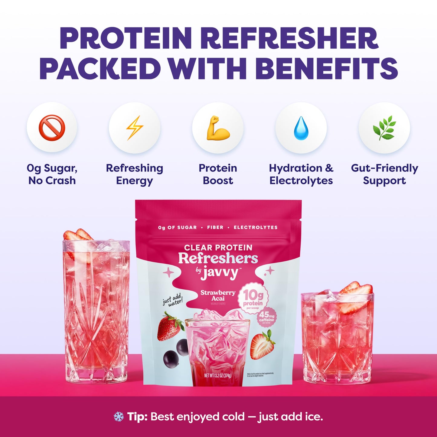 Javvy Clear Protein Powder with Clear Whey Protein, Strawberry Berry Acai, 13.2