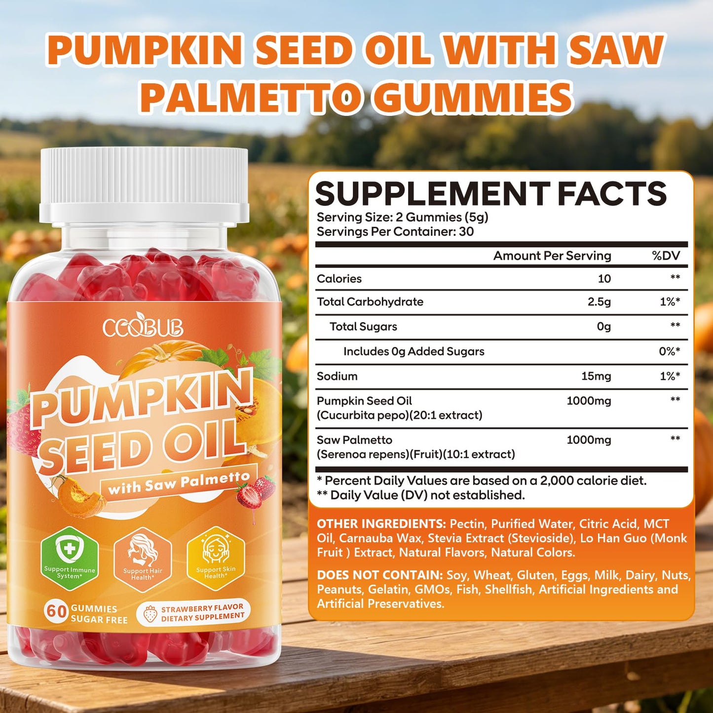 CCOBUB Pumpkin Seed Oil Gummies with Saw Palmetto Strawberry Flavor Gummy 60 Count