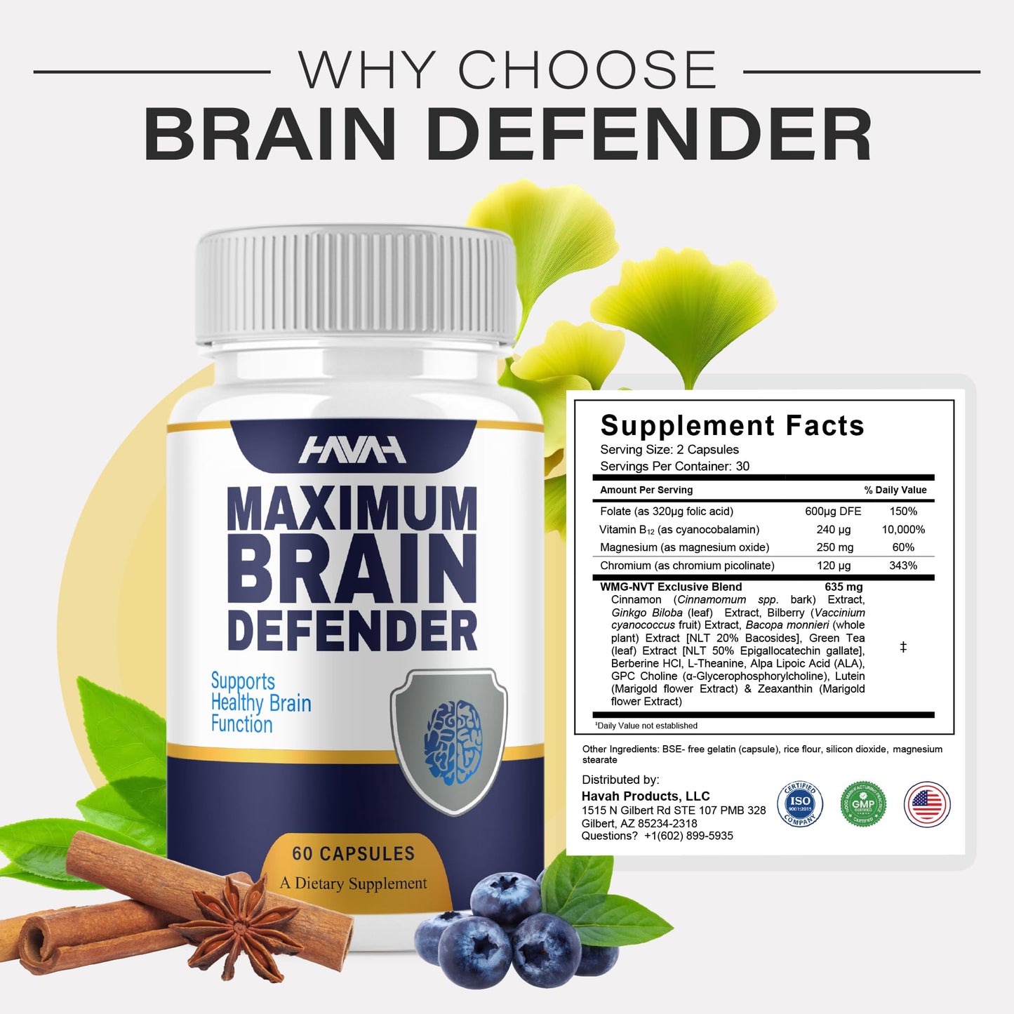 Havah Brain Defender Advanced Wellness Support Supplement Capsules, 60 Count