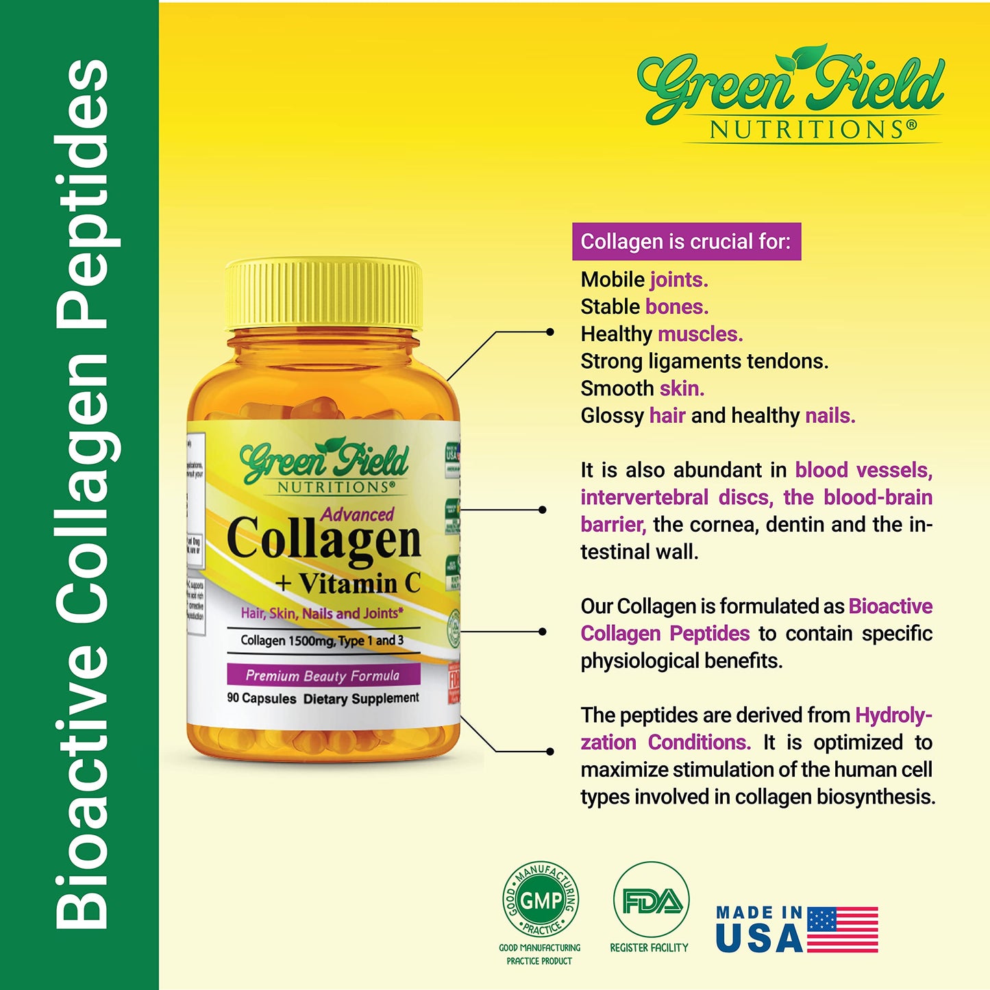 GREEN FIELD NUTRITIONS Halal Collagen Peptides 1500 mg Type I & III with Vitamin C 300 mg, Anti-Aging Formula for Hair, Skin, Nails & Joints, 90 Capsules