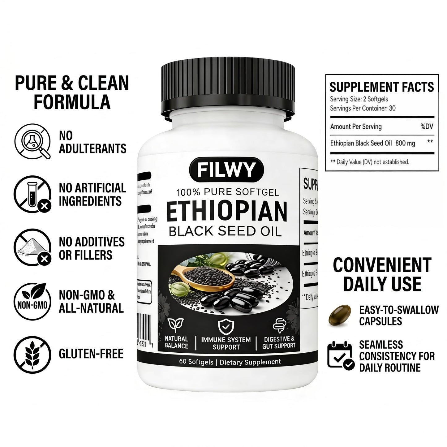 FILWY Ethiopian Black Seed Oil Capsules with 4.64% Thymoquinone, Immune Support & Digestion & Energy Booster, 60 Capsules