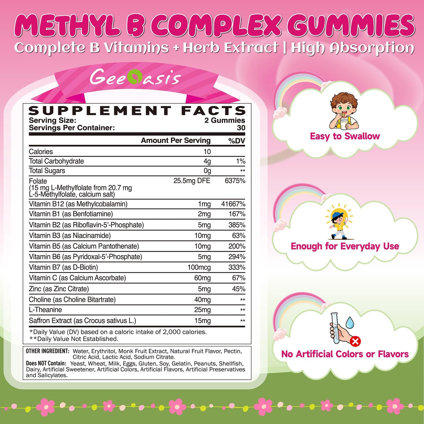 Geeoasis L-methylfolate for Kids Gummies, Methylated B Complex Chewable Supplement for Women, with Methylated B12, Zinc Citrate, Vitamin C, Choline, Theanine & Saffron, Energy, Stress, 5-MTHFR, 60 Count