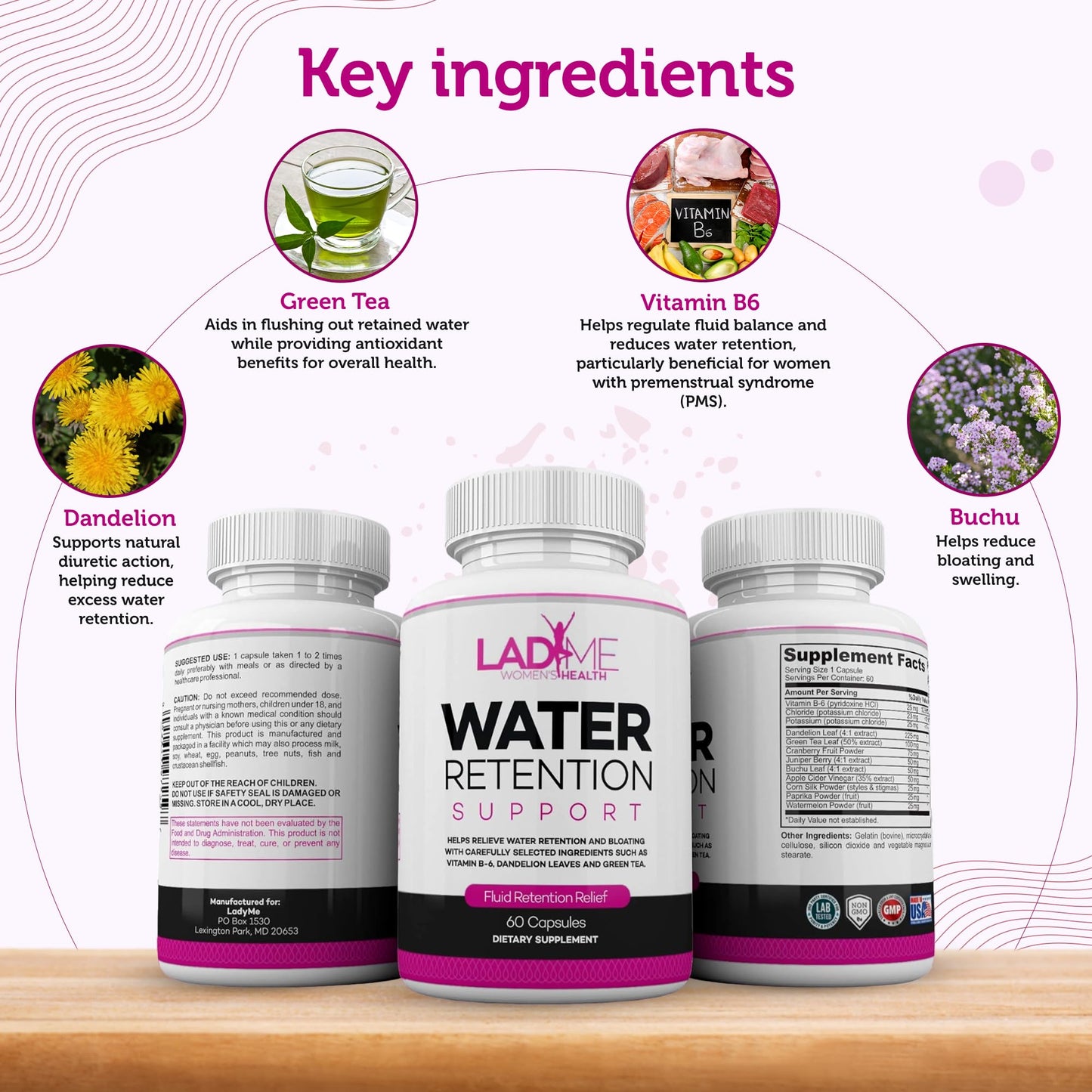 LadyMe Women's Health Water Retention Pills for Women Detox Capsules, 60 Capsules