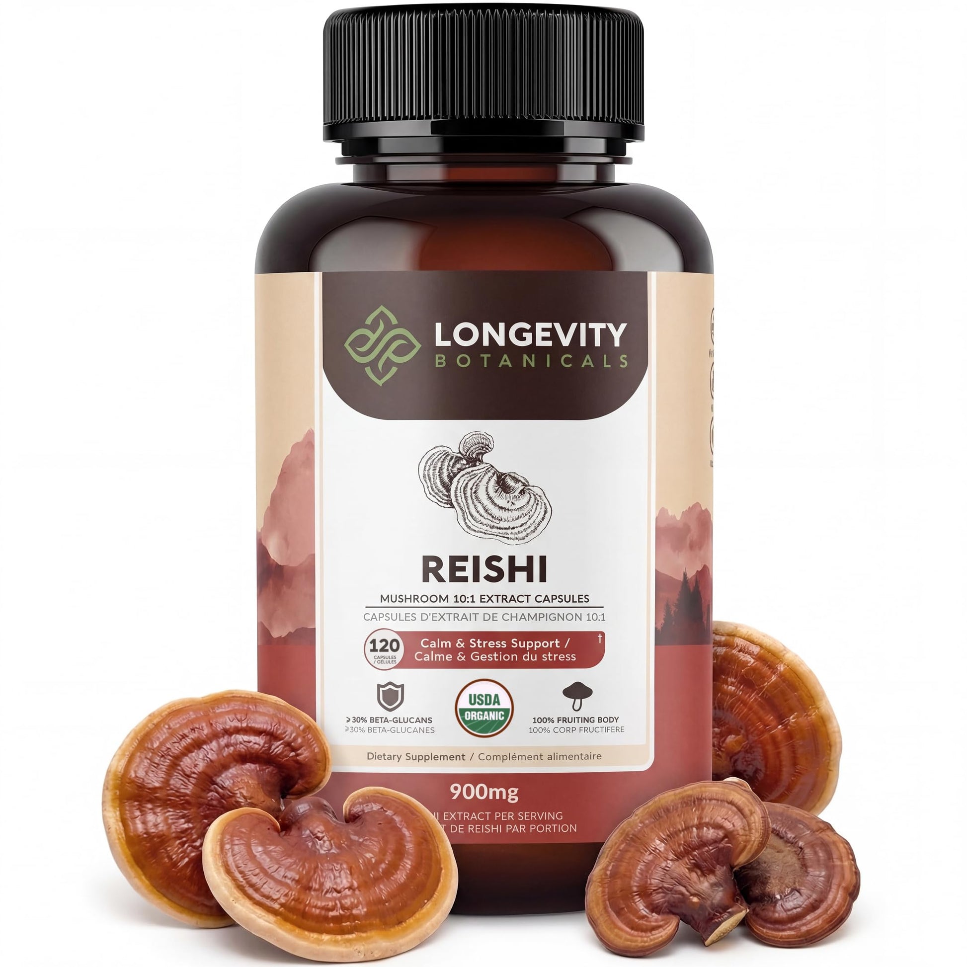 Longevity Botanicals Organic Reishi Mushroom Capsules, 120 Count