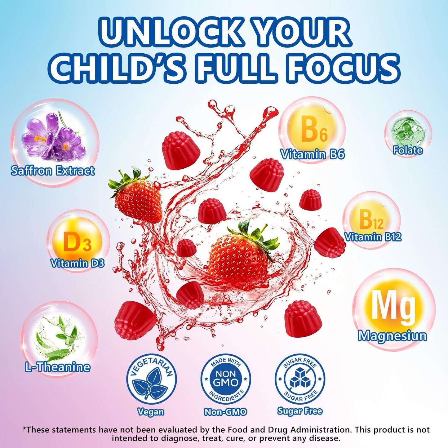 SEPT YAN Saffron Gummies for Kids with Magnesium L-Theanine, Vitamin D3, B6 & B12, Saffron – Focus & Mood Support, 60 Count