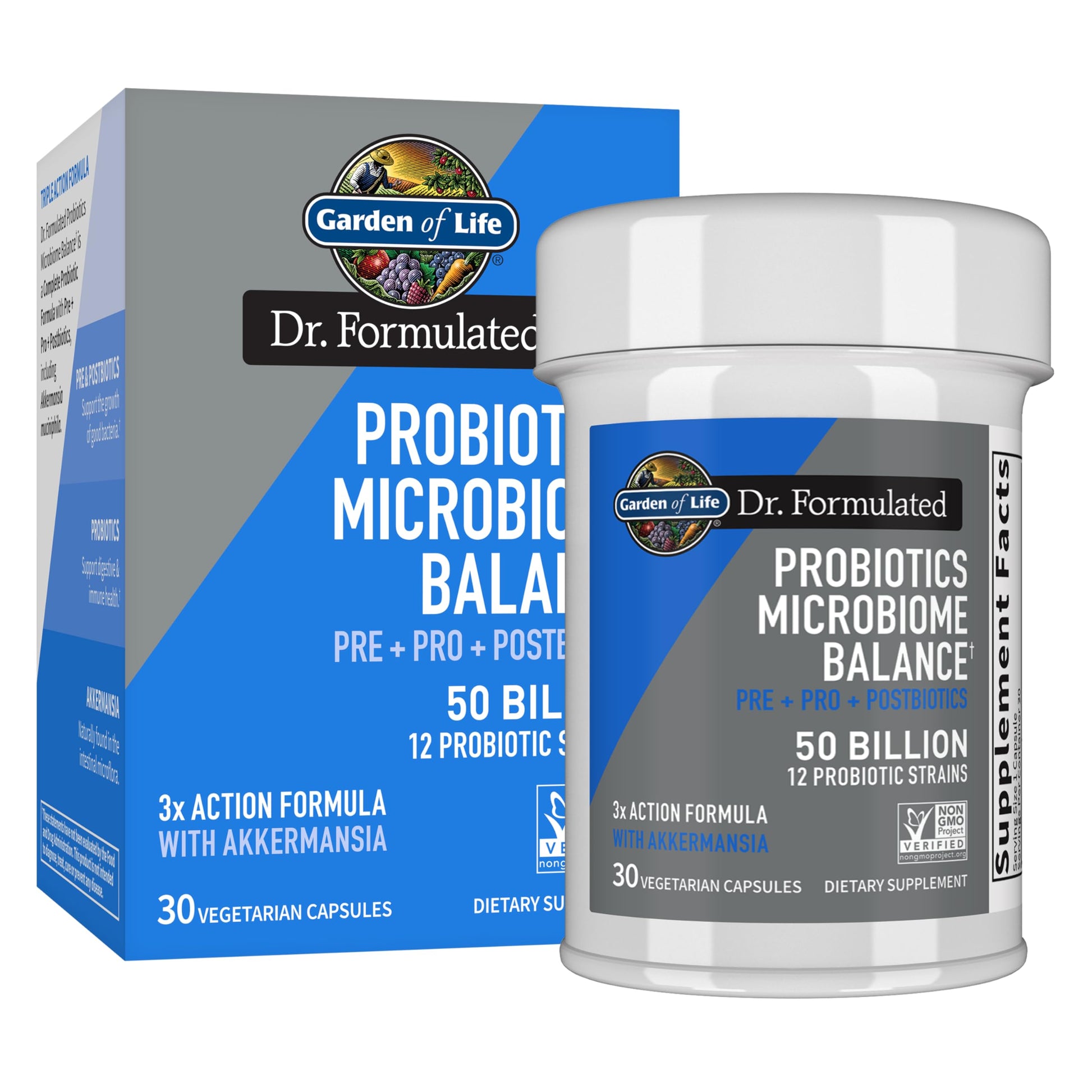 Garden of Life Dr. Formulated Microbiome Balance Probiotics with Pre, Pro & Postbiotics, 12 Probiotic Strains, Digestive Health & Immune Support, Non-GMO, Gluten-Free, 30 Capsules