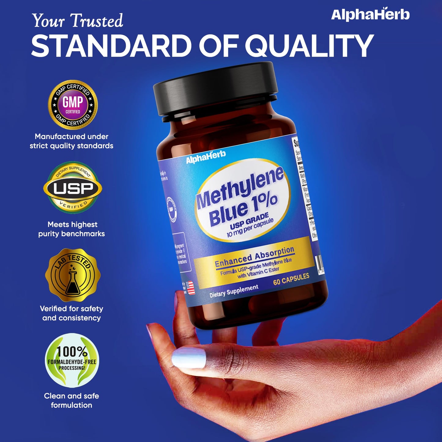 AlphaHerb Methylene Blue Pharmaceutical Grade, USP Grade – Enhanced Absorption with Vitamin C Ester & Cacao Powder – Energy, Antioxidant Support & Cognitive Focus Capsule 1