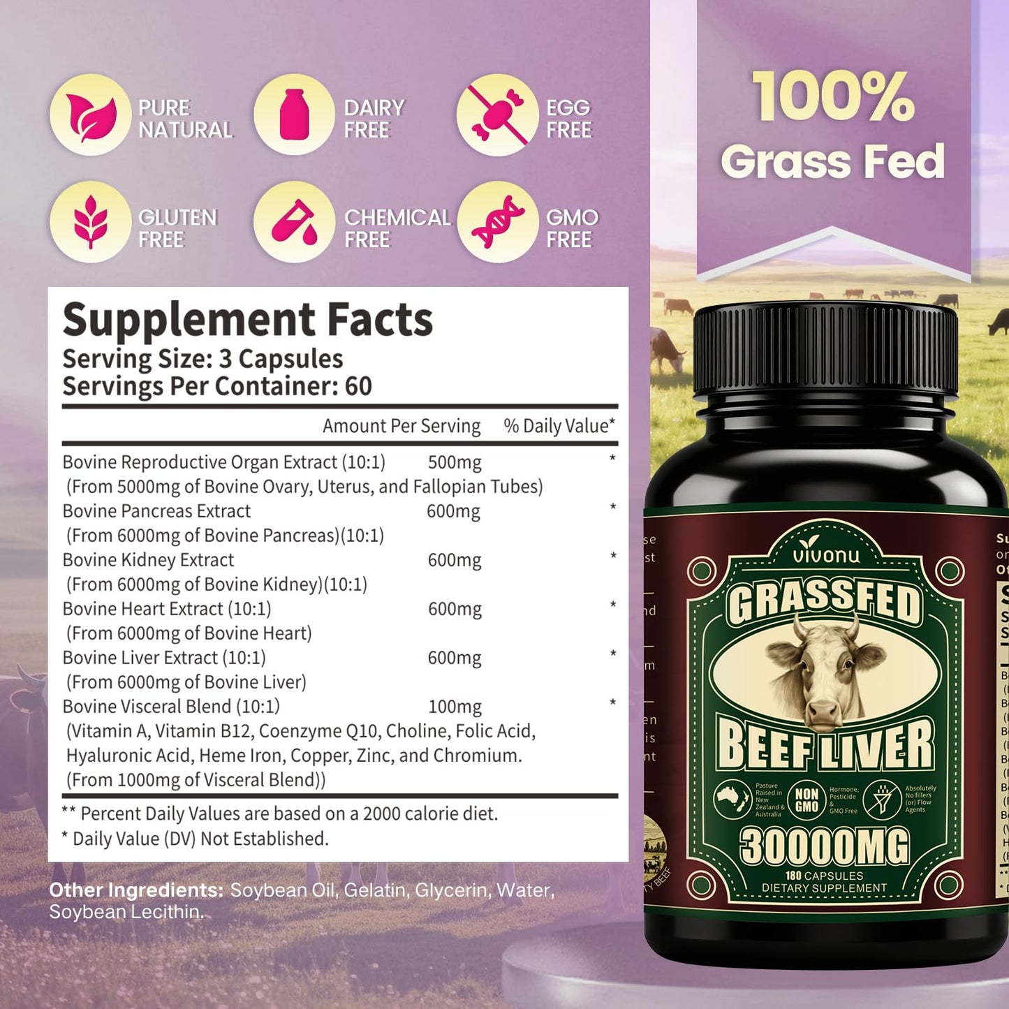 VivoNu Beef Organ Supplement for Women 180 Capsules