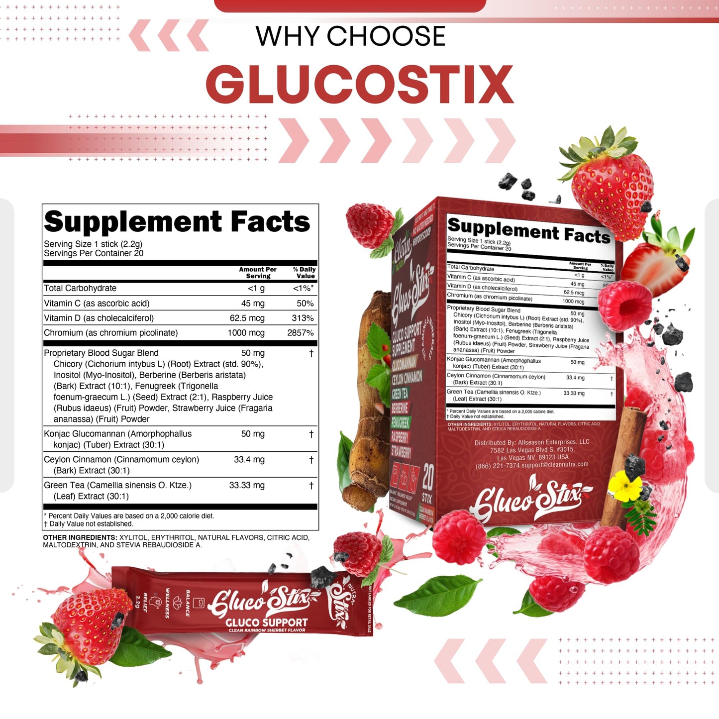 Clean Nutraceuticals Rainbow Sherbet Powder Sticks – Ceylon Cinnamon Powder, Green Tea Extract, Glucomannan, Berberine, Chromium Picolinate, Apple Cider Vinegar, 2 Count