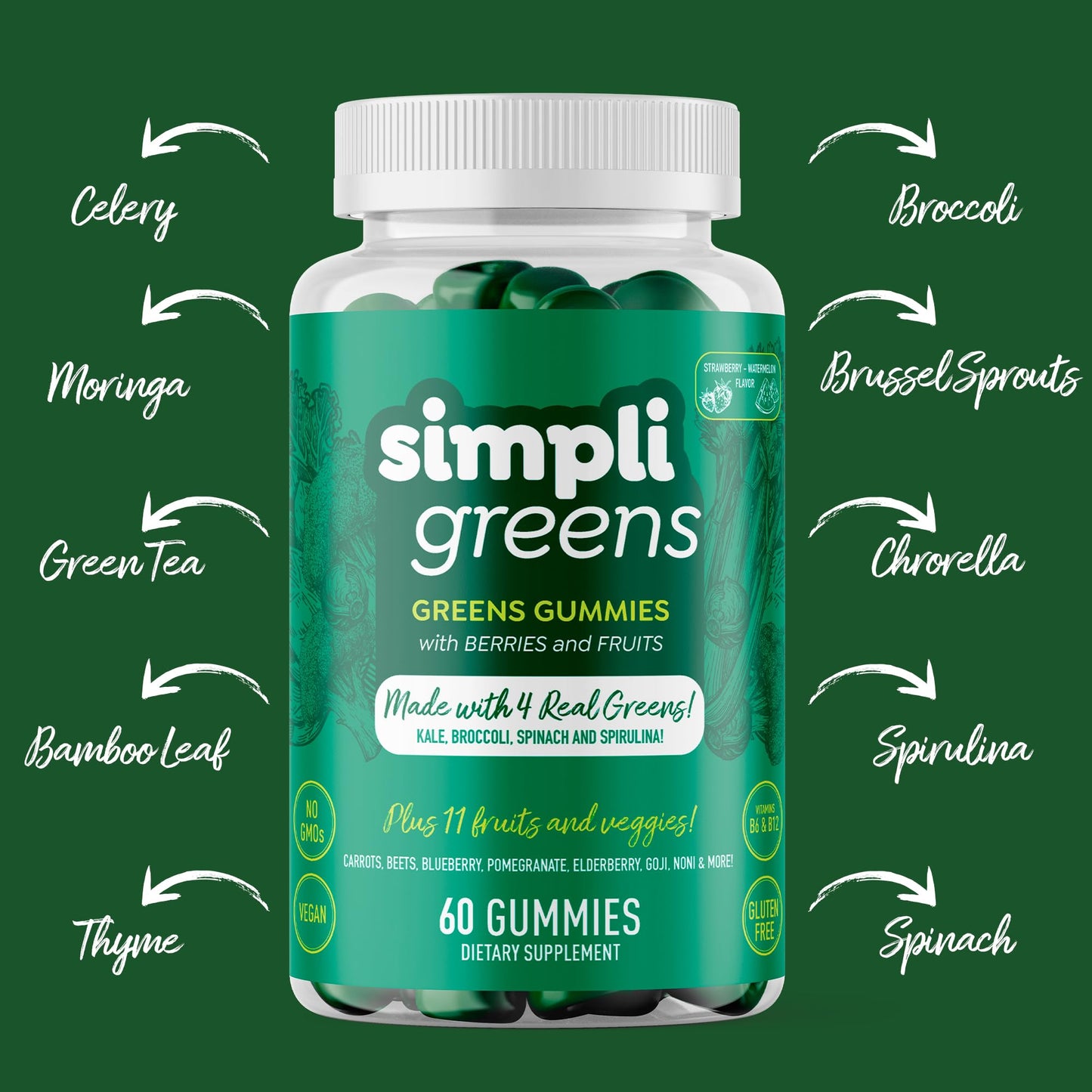 SIMPLI GREENS Vegan Superfood Gummies Supplement, 60 Count
