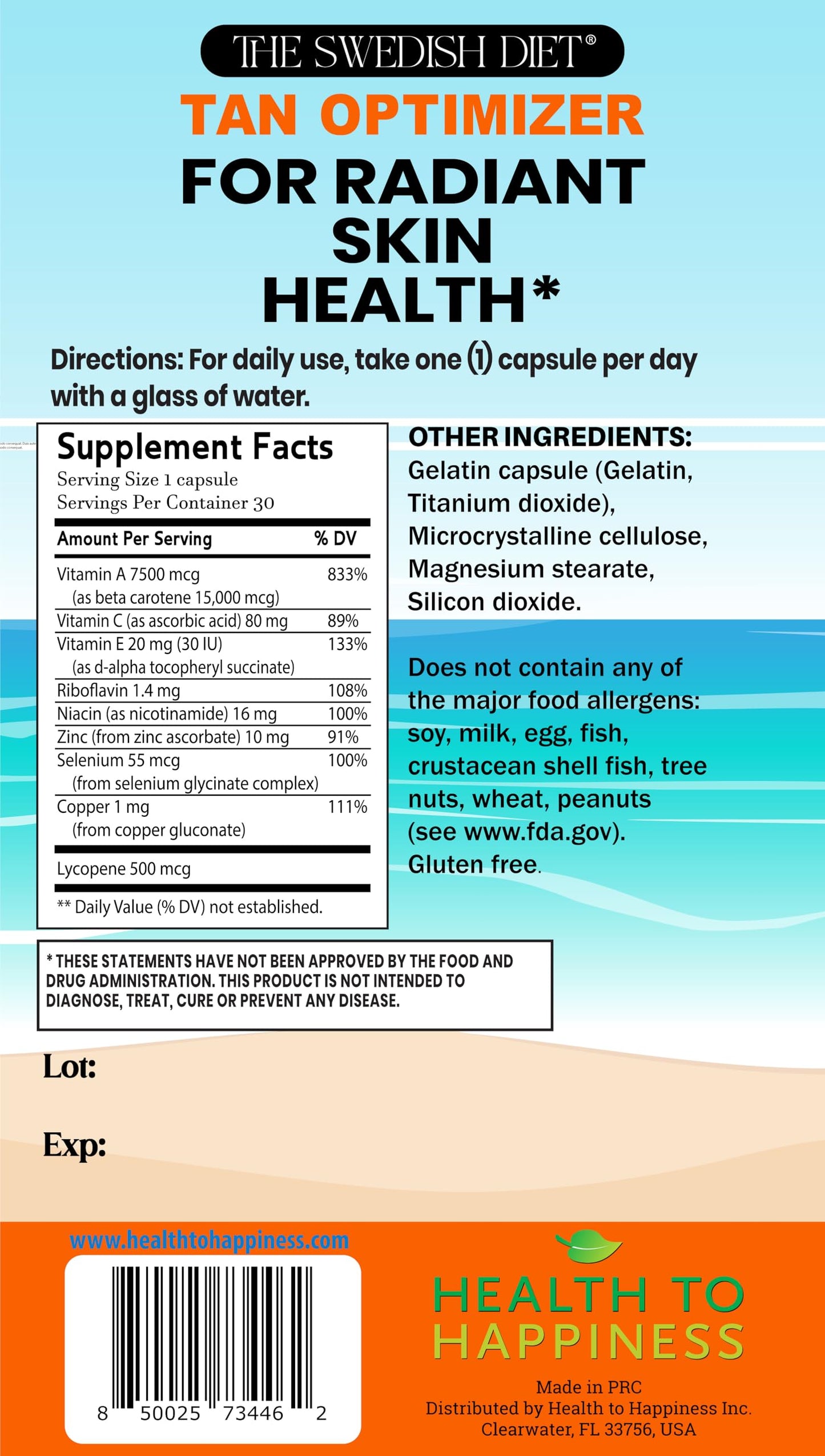The Swedish Diet Tan Optimizer Sugar-Free Tanning Supplement for a Healthy, Golden Glow Capsules 30 Count